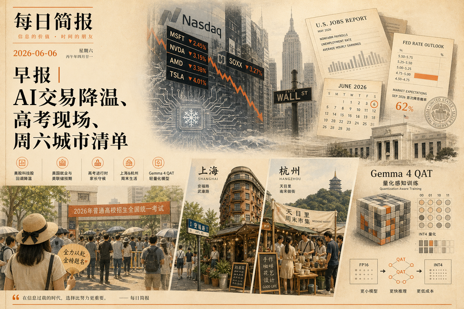 2026-06-06 早报主视觉:AI交易降温、高考、上海杭州周六活动