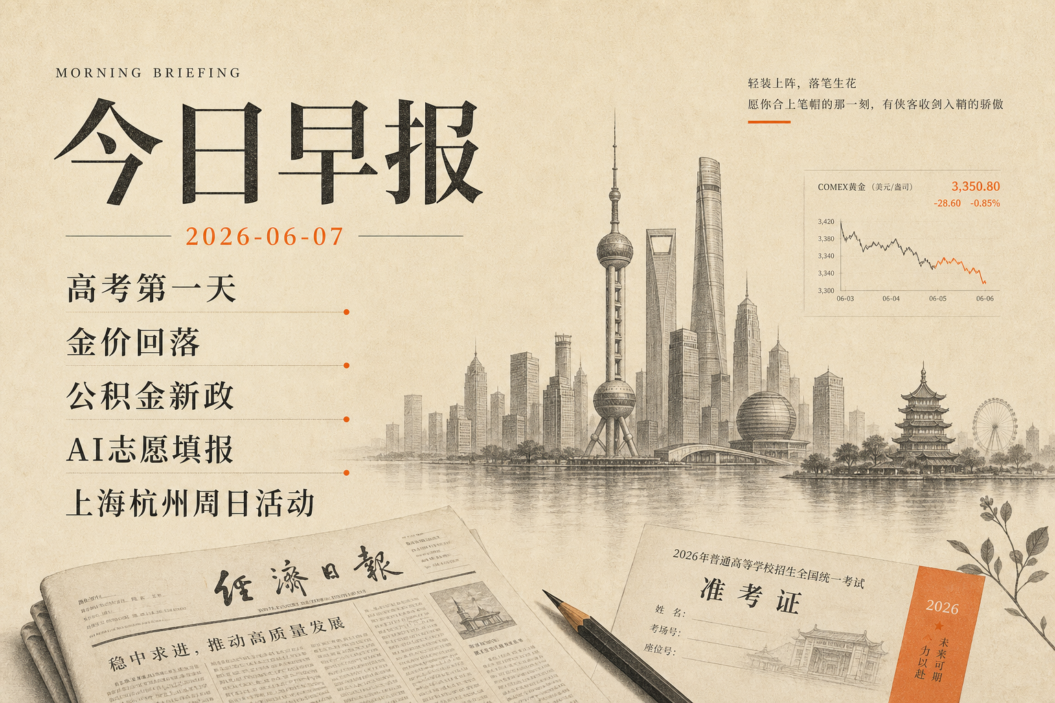 2026-06-07 早报主视觉:高考第一天、金价回落、公积金新政、AI志愿填报、上海杭州活动