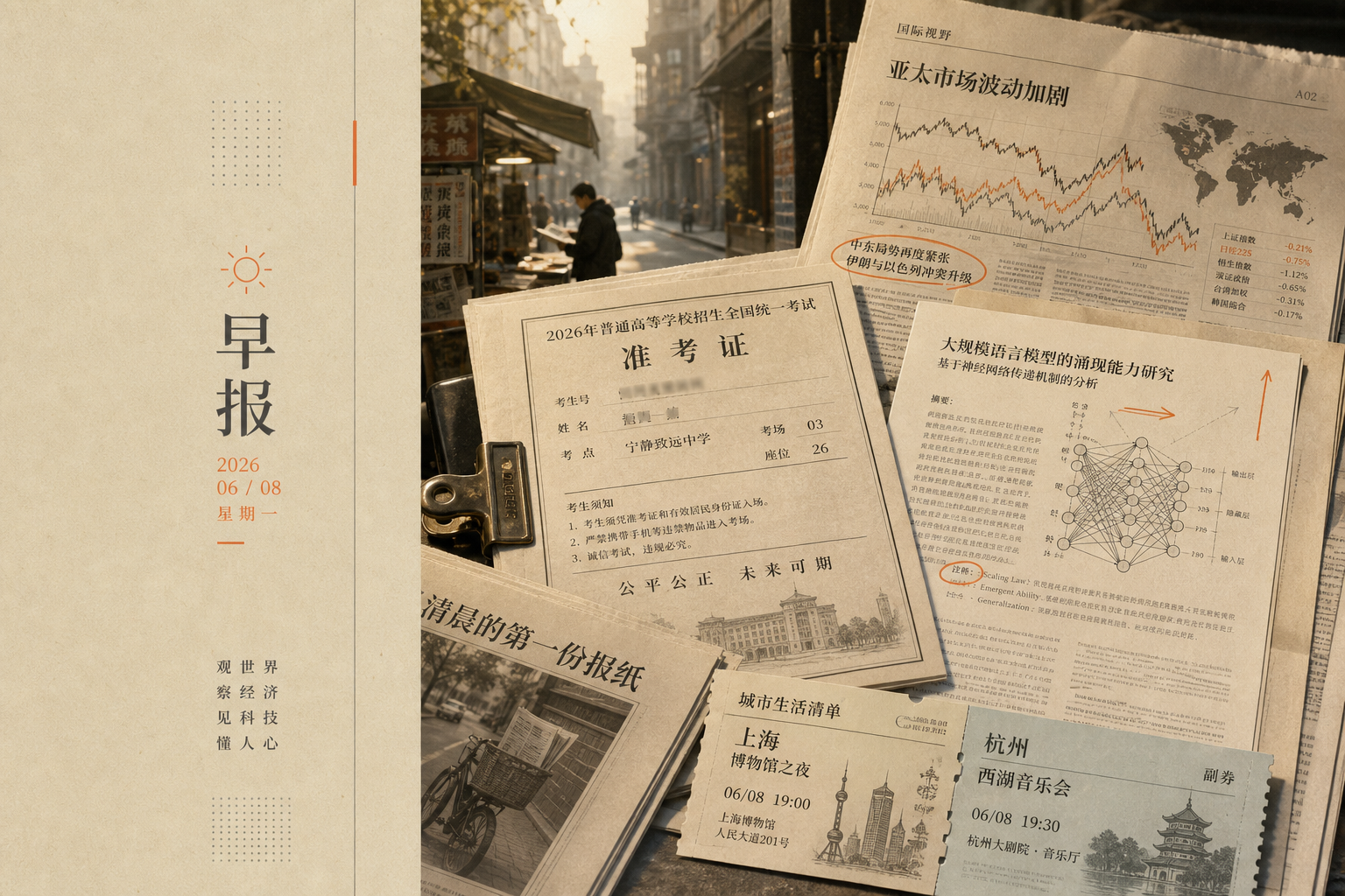 2026-06-08 早报主视觉:市场、高考、城市生活与AI论文