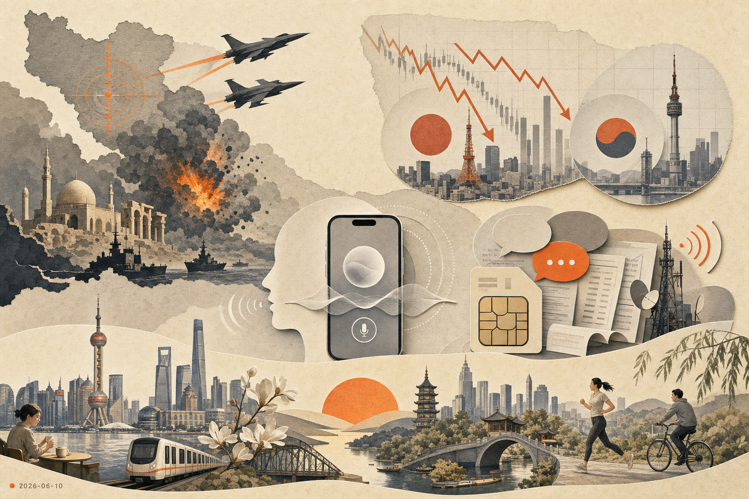 2026-06-10 早报主视觉：中东冲突、日韩市场、苹果AI、移动套餐与上海杭州活动
