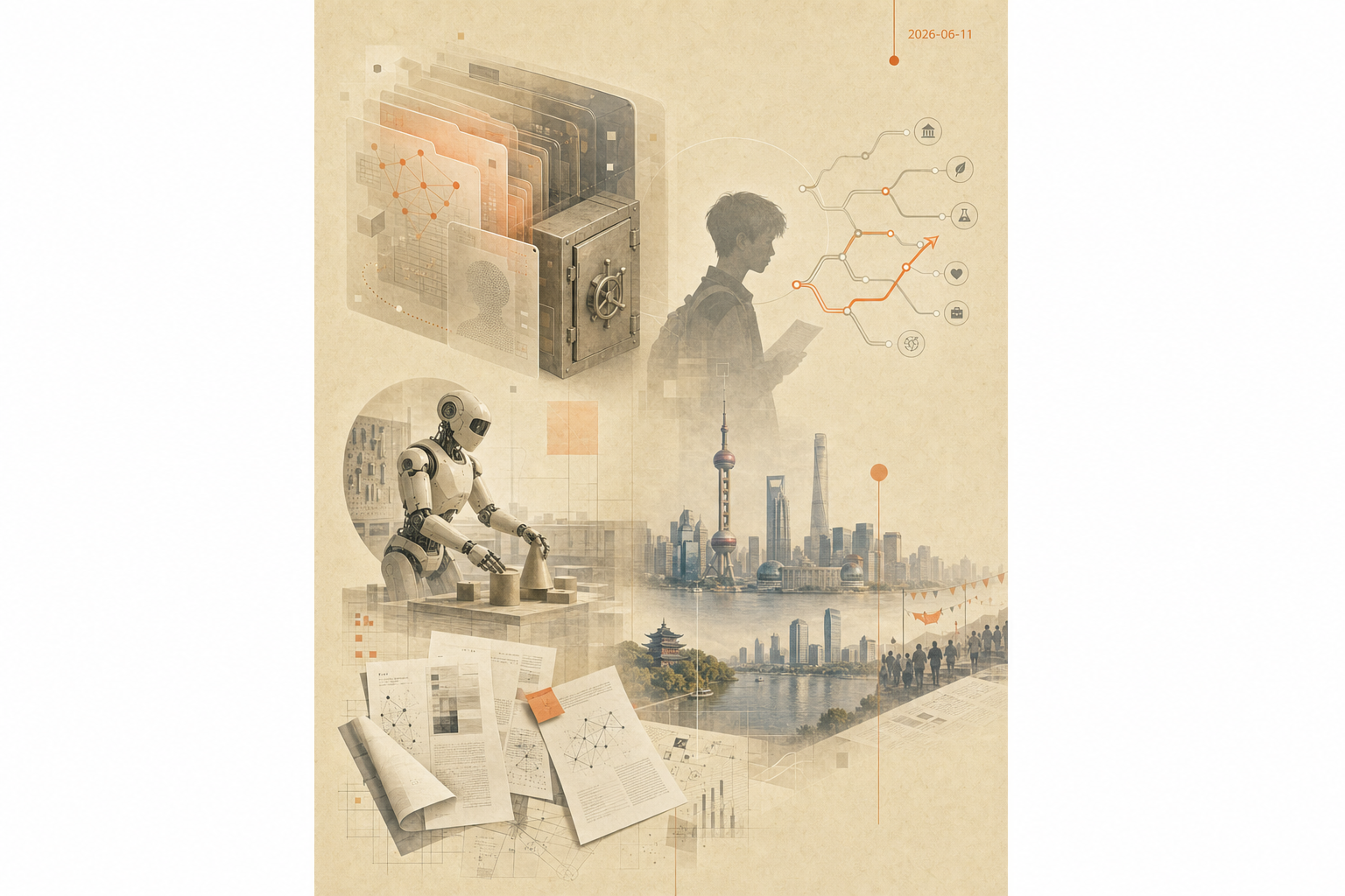 2026年6月11日早报主视觉，包含 Claude Fable、AI高考志愿、人形机器人和沪杭城市活动意象