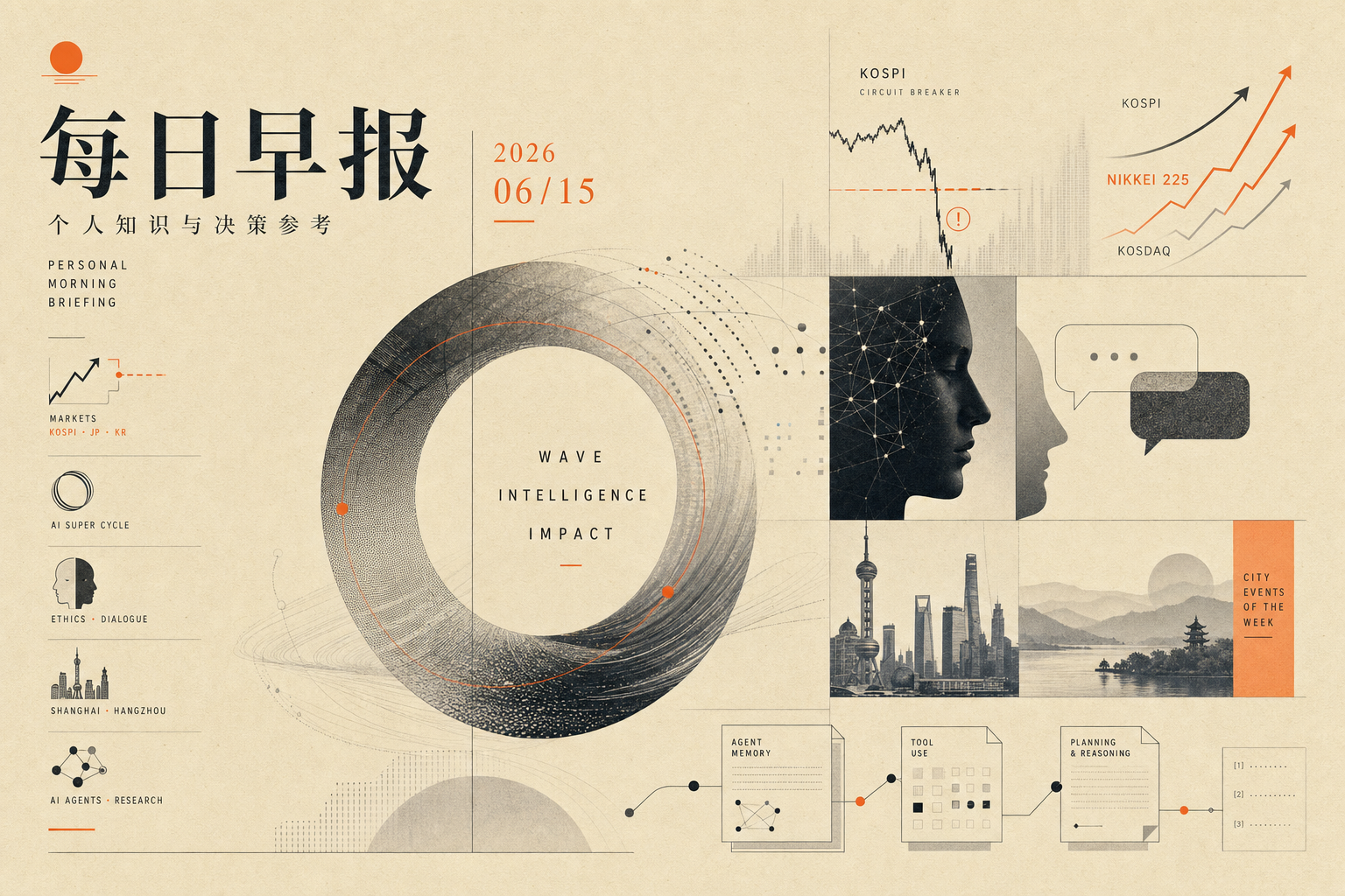 2026-06-15 早报主视觉:日韩市场、AI周期与沪杭城市现场