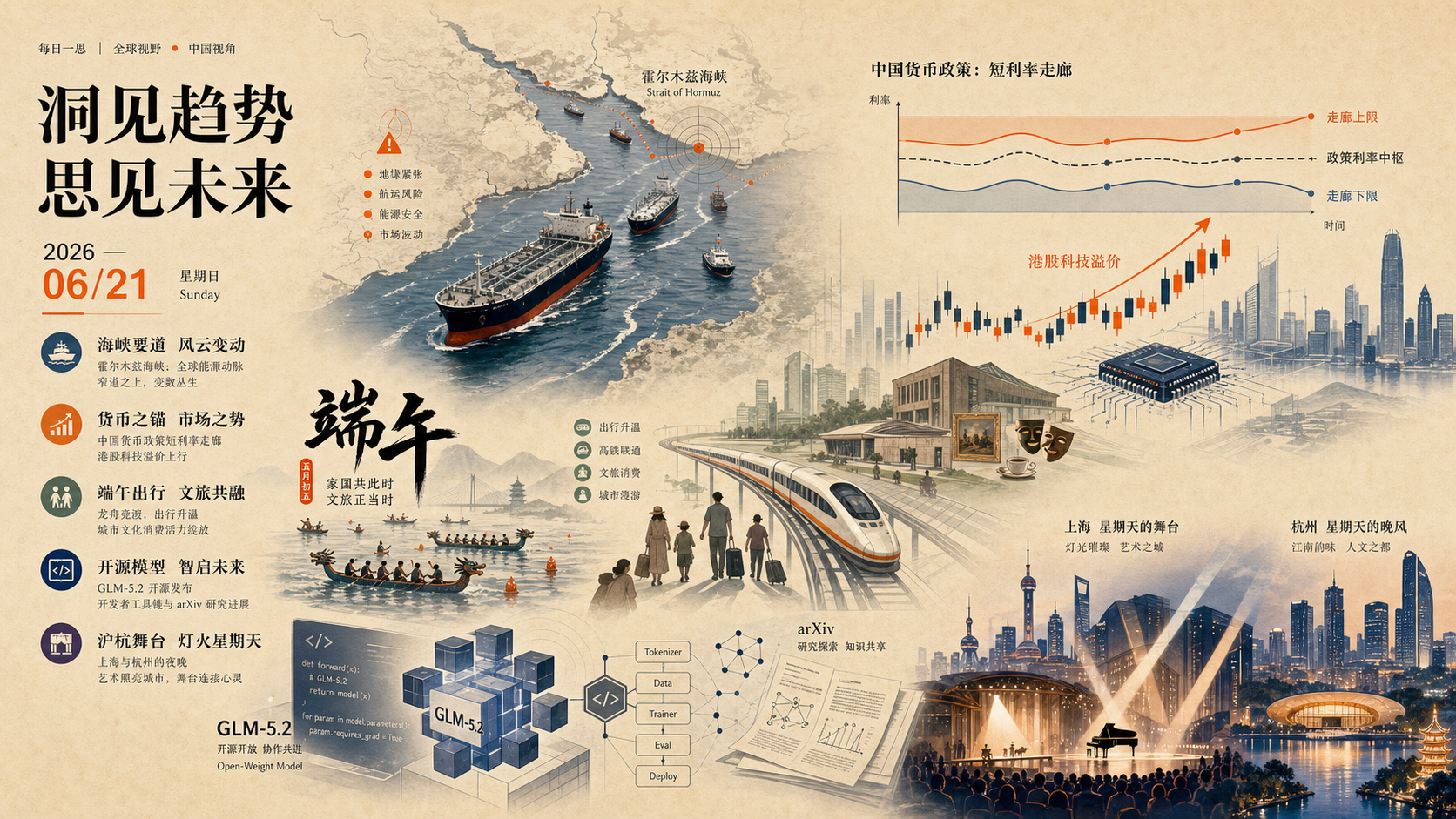 2026年6月21日早报主视觉:霍尔木兹海峡、美伊会谈、端午城市活动、GLM-5.2 与 AI 新论文