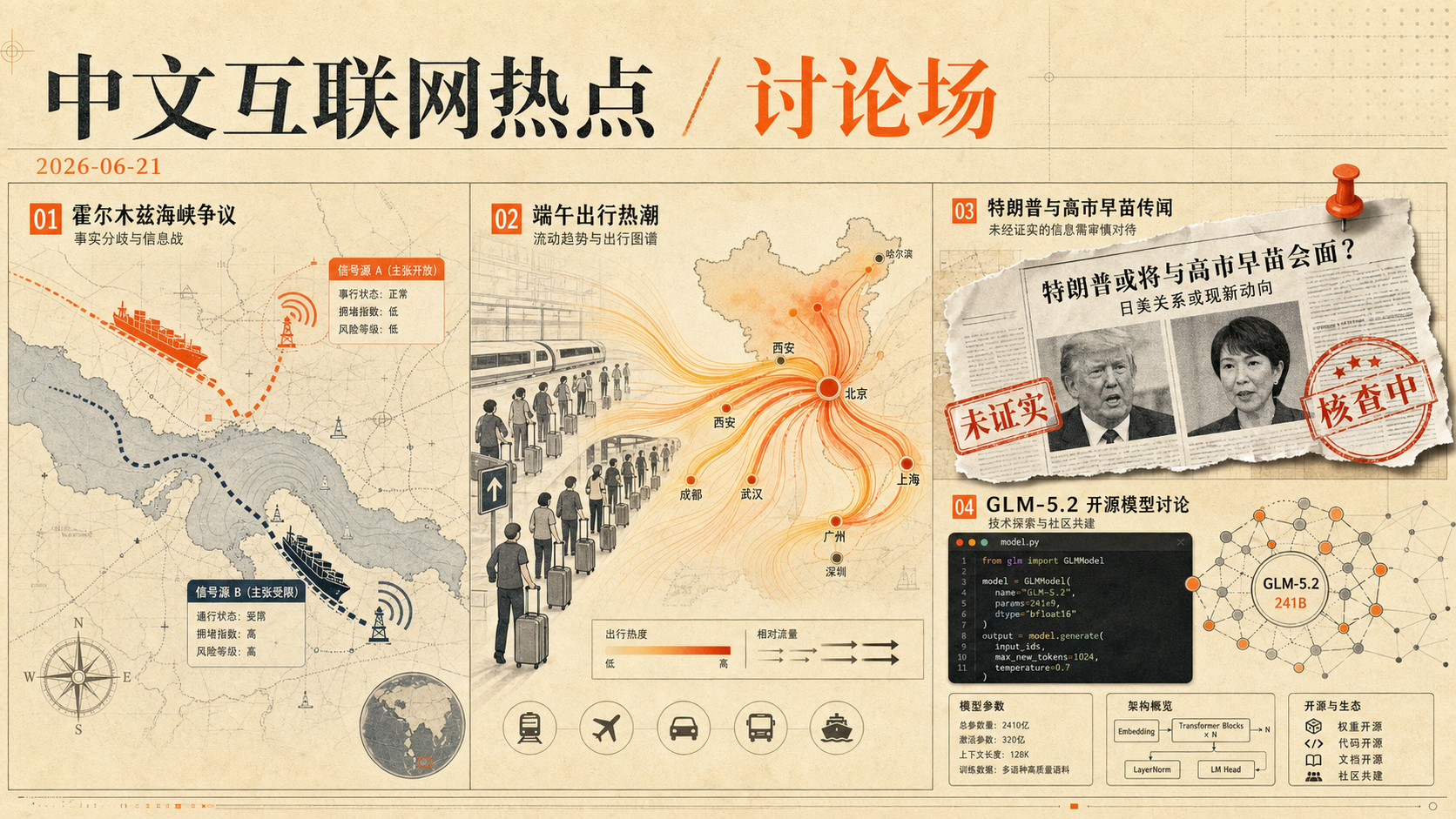 中文互联网热点章节视觉:霍尔木兹海峡事实分歧、端午文旅消费、传闻核验与开源模型讨论