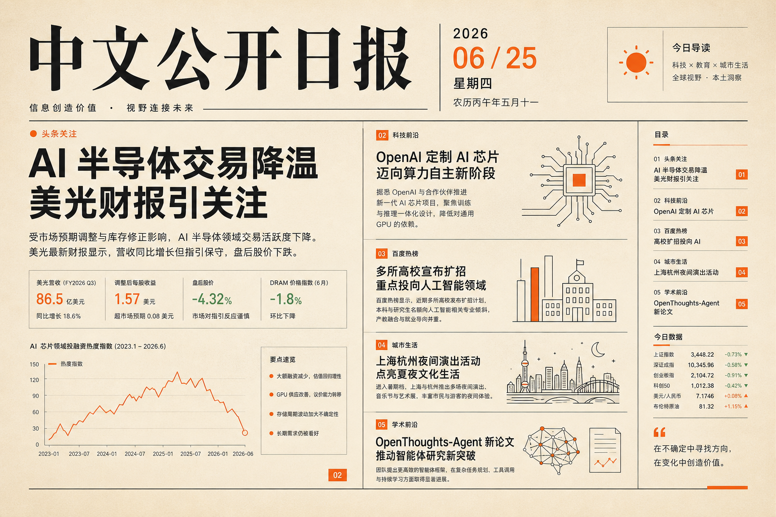 2026-06-25 早报主视觉,包含 AI 半导体、百度热榜、沪杭活动与新论文主题