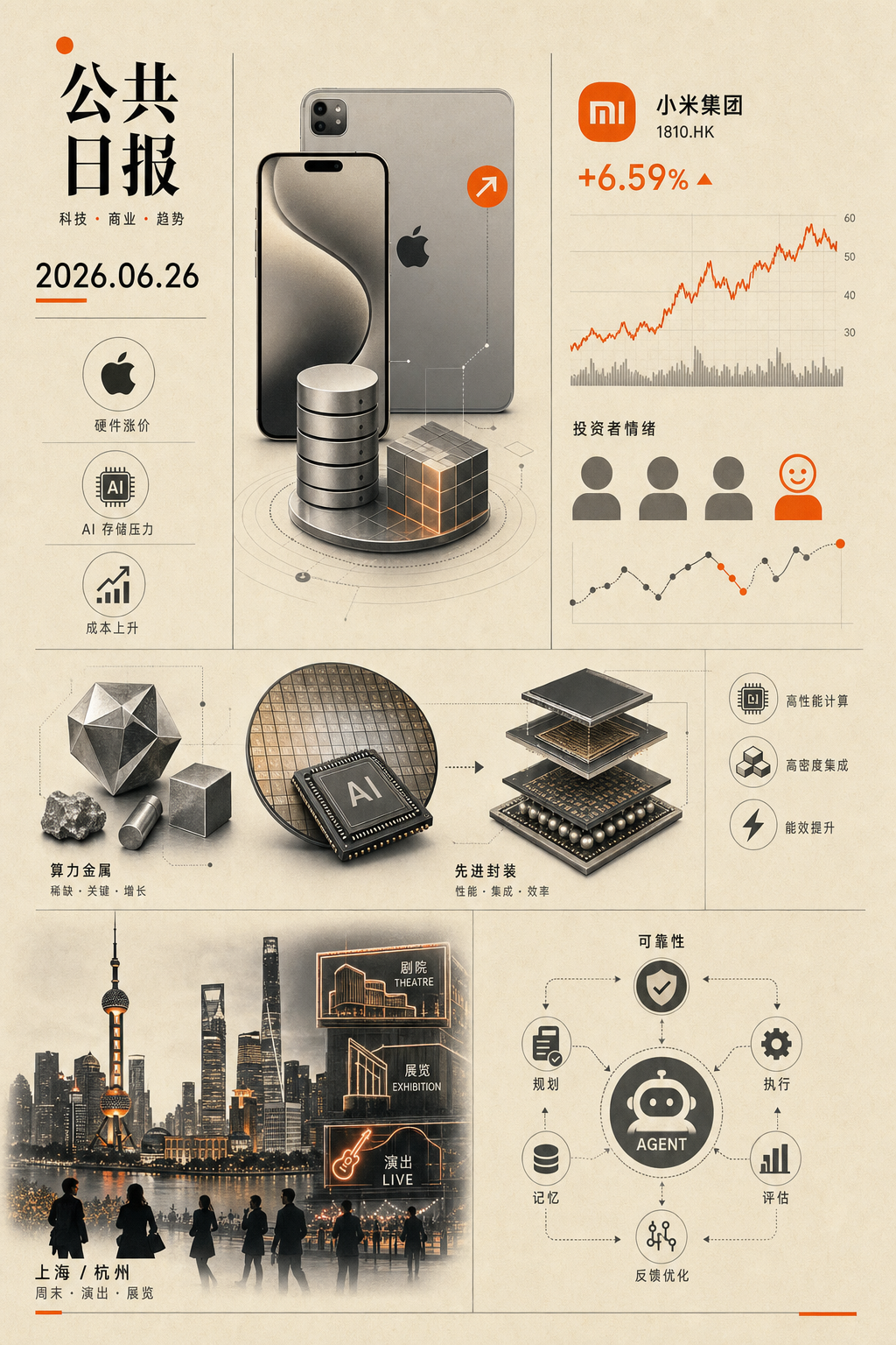 2026-06-26早报主视觉:苹果涨价、小米股价、算力金属、沪杭周末活动与Agent工具可靠性的纸纹拼贴