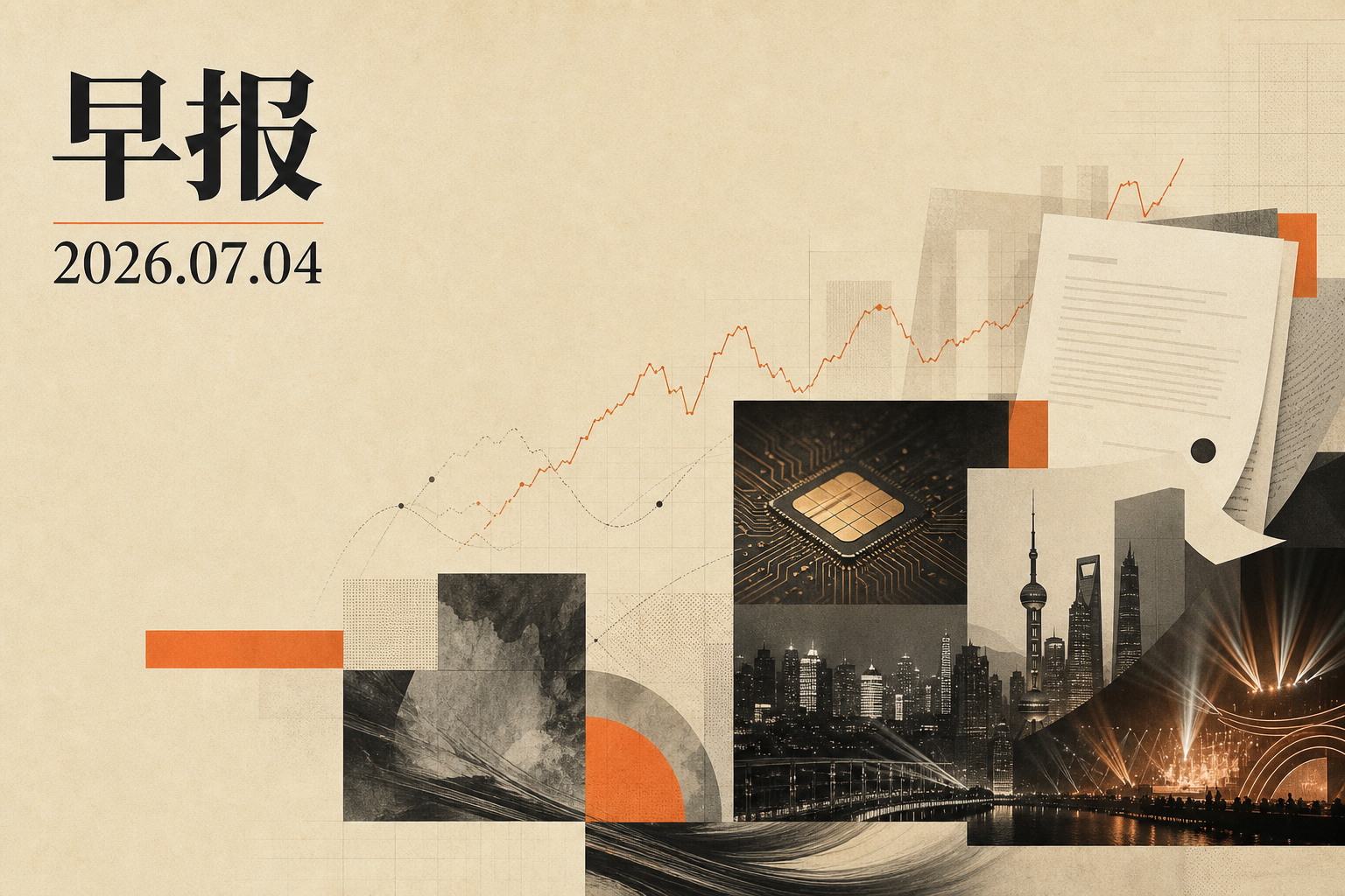 2026年7月4日早报主视觉，包含资本市场、AI 算力、上海杭州夜间演出和论文纸张元素