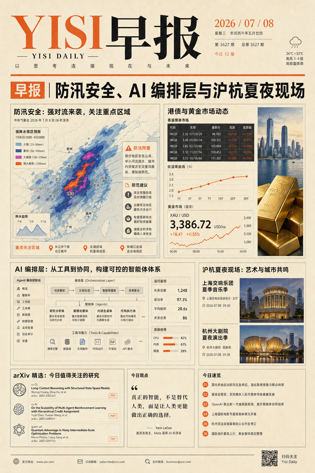 2026年7月8日早报封面:极端天气风险、AI产品编排与沪杭今日活动