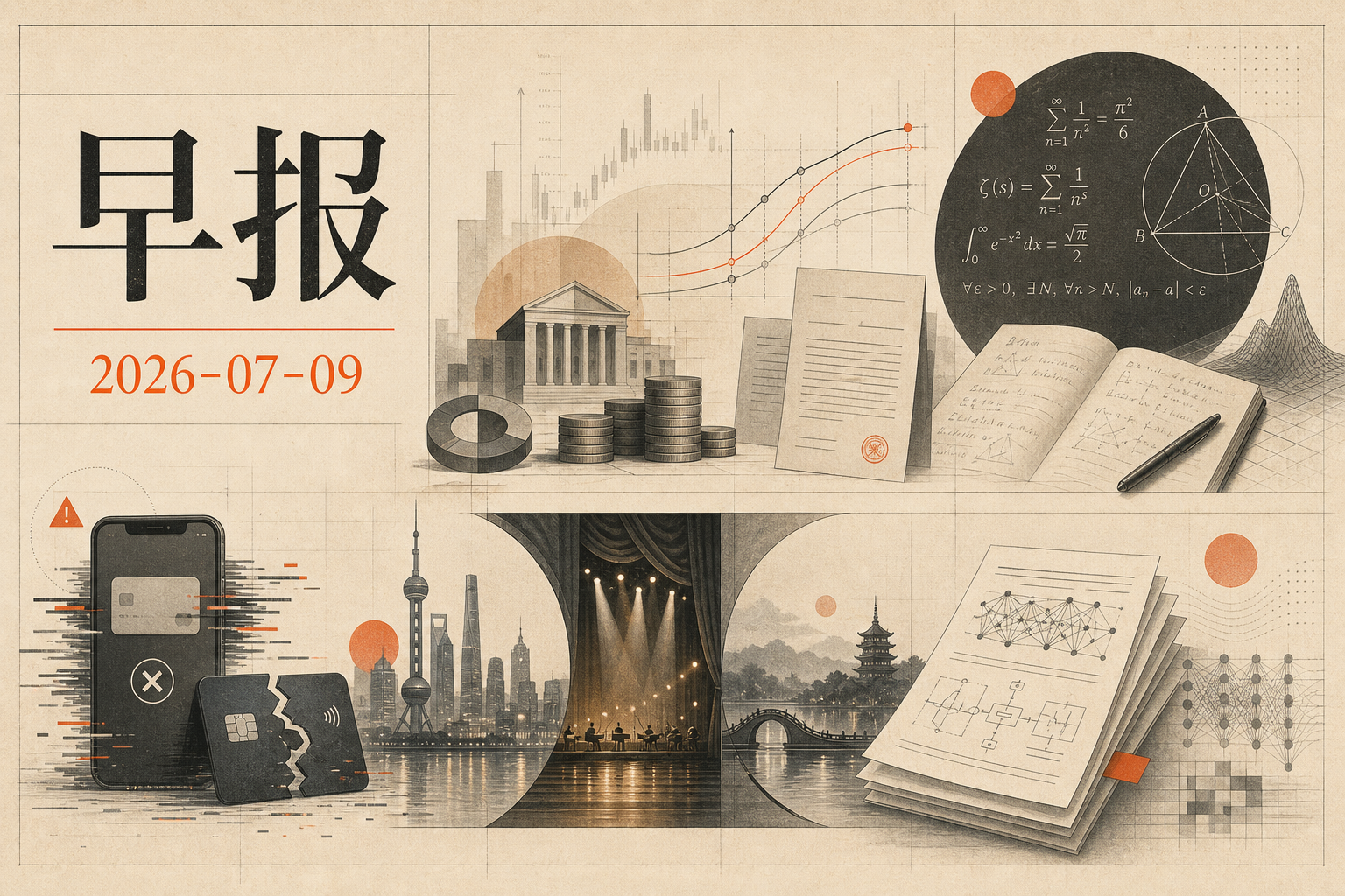 2026-07-09 早报主视觉，包含宏观政策、中文互联网热点、沪杭活动与 AI 研究元素