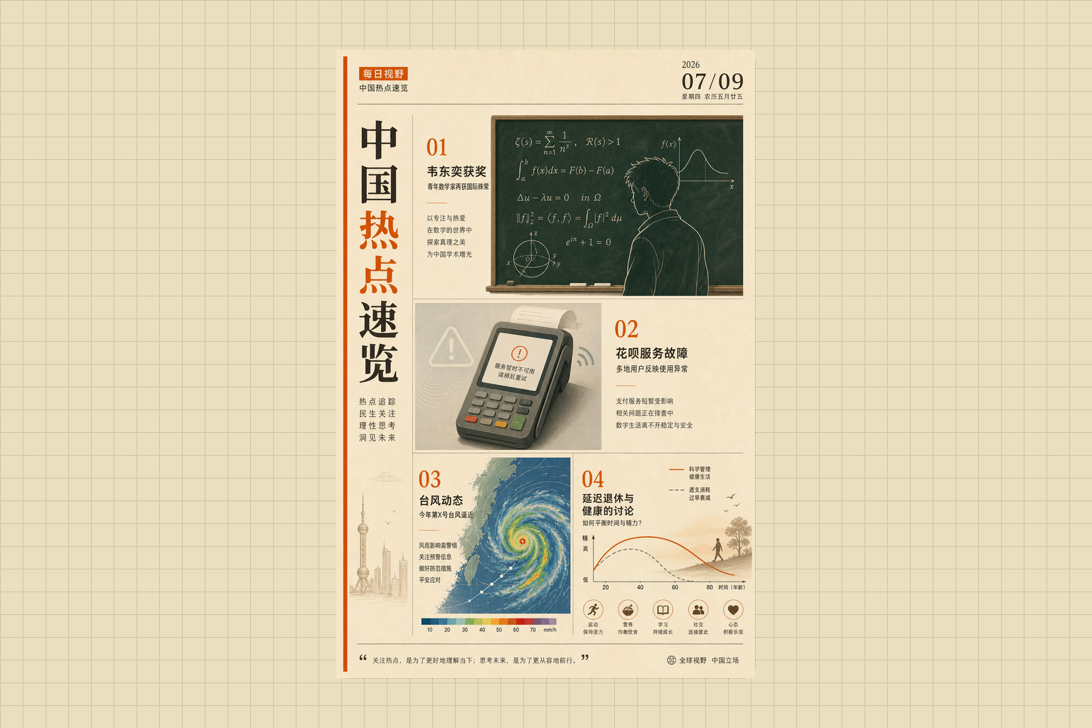 2026-07-09 中文互联网热点视觉，包含数学奖励、支付异常、台风雷达与退休健康账本意象
