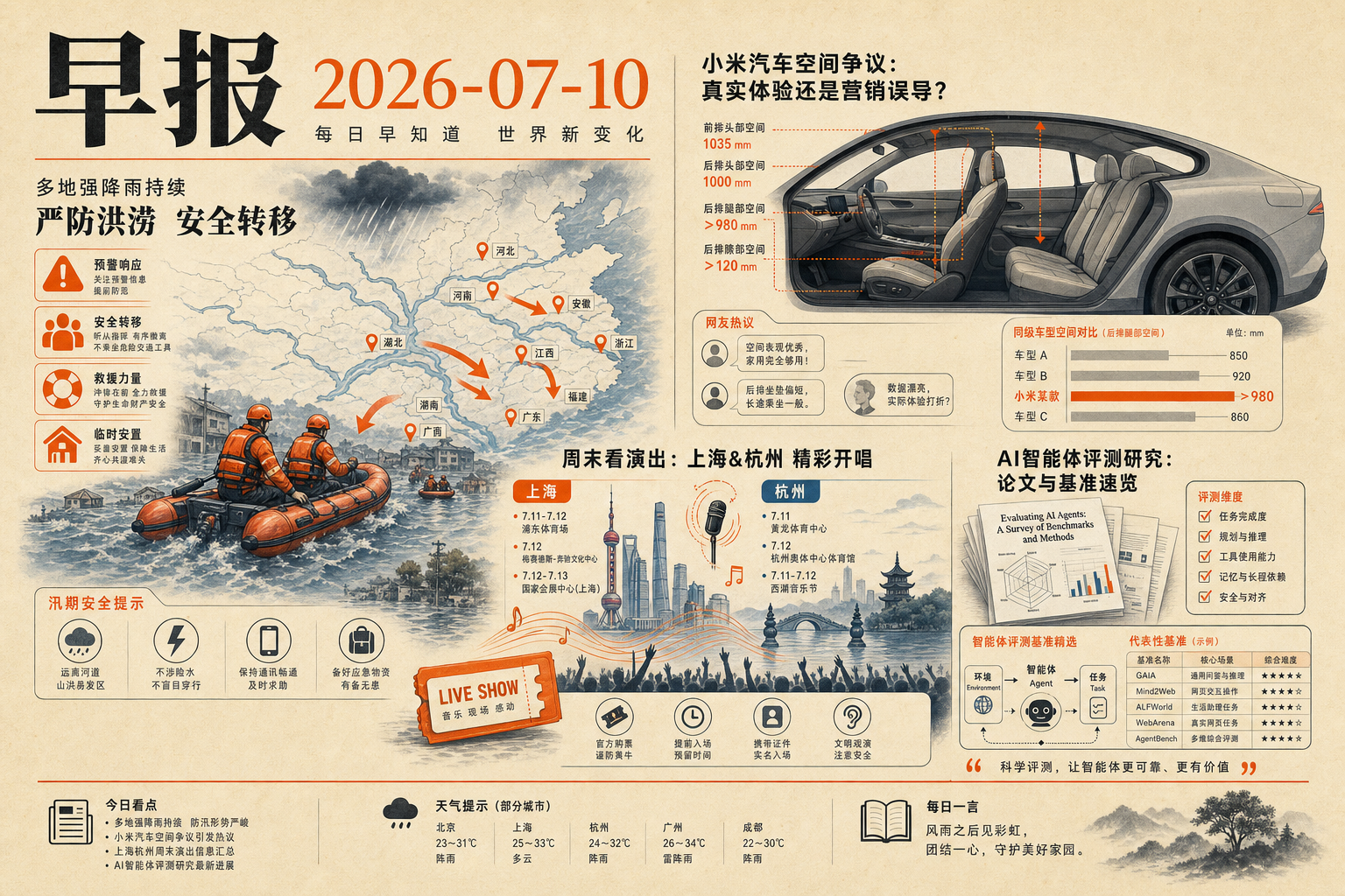 2026-07-10 早报主视觉,包含科技资产、公共安全、沪杭周末活动和 AI 智能体评测元素