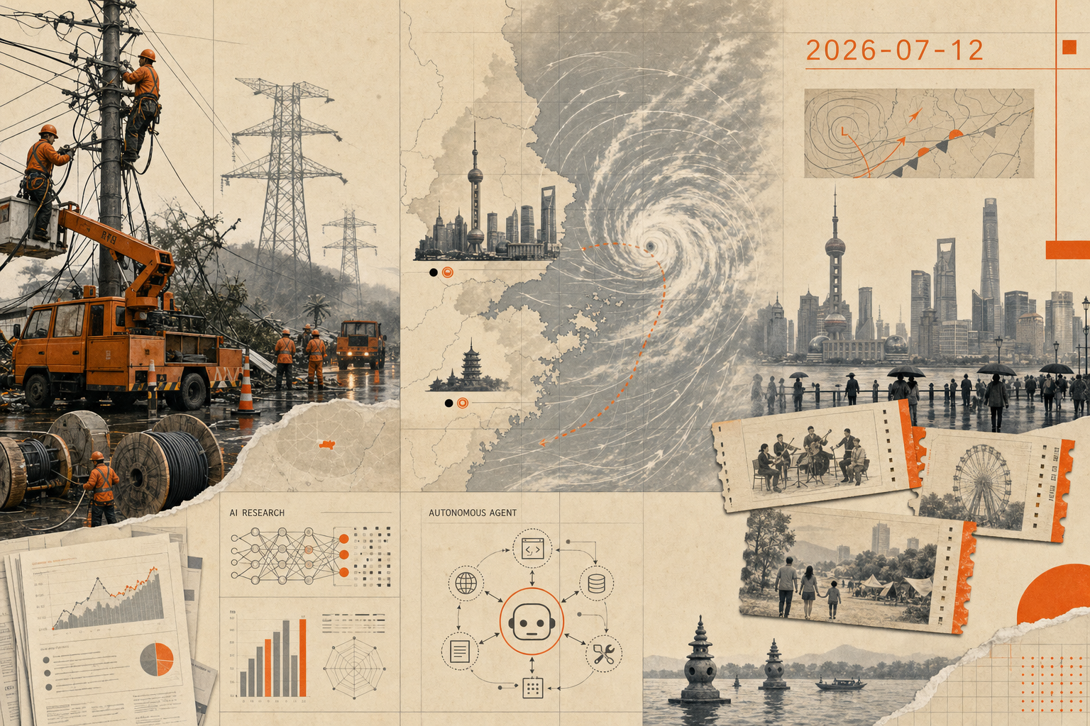 2026-07-12 早报主视觉,包含电力应急、台风巴威、沪杭周日活动与 AI 研究元素