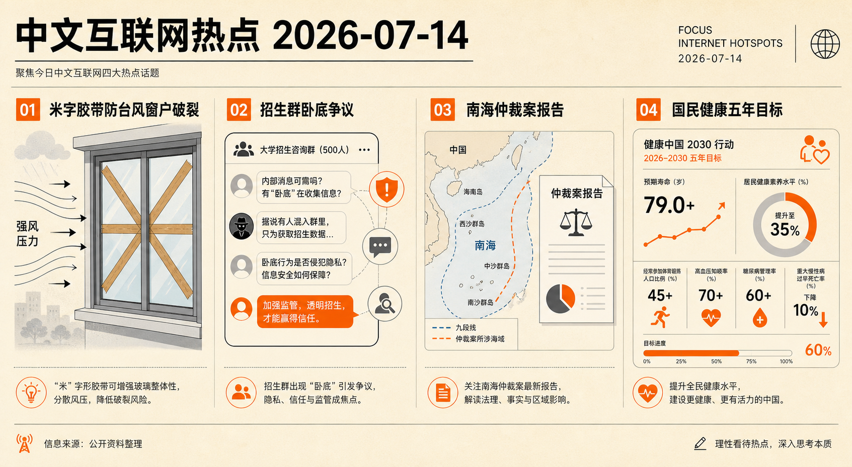 2026年7月14日中文互联网热点插图：米字胶带防台风、招生群争议与南海报告