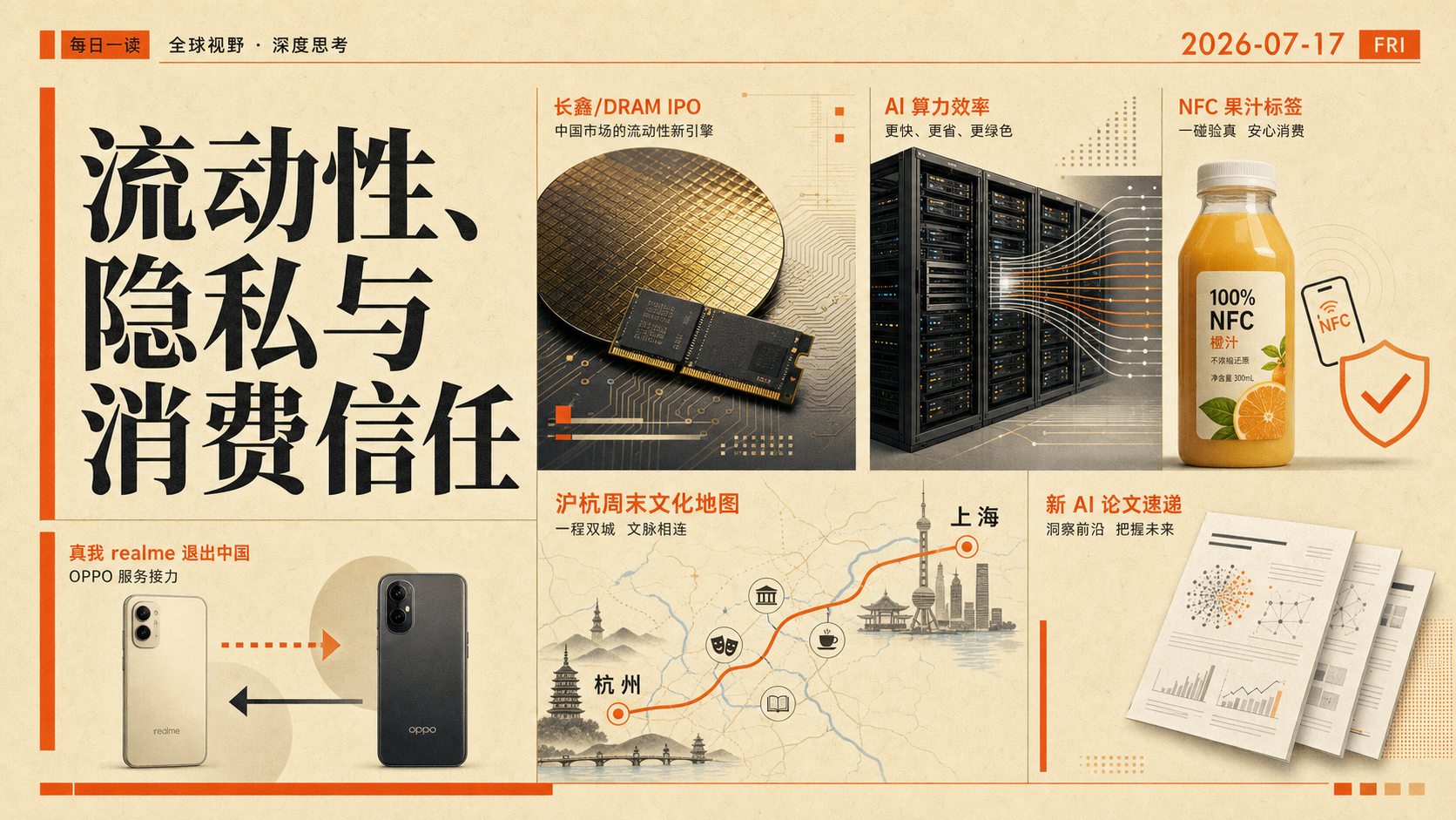 2026-07-17 早报主视觉,包含流动性、DRAM、AI 算力、NFC 果汁、realme 与沪杭周末活动