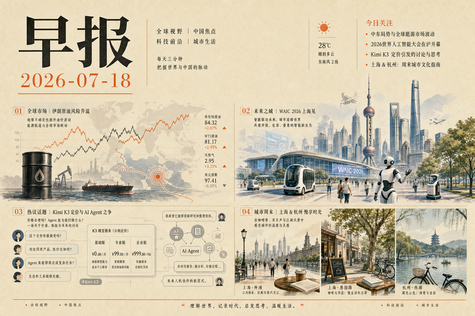 早报 2026-07-18 主视觉：霍尔木兹风险、上海 AI 大会与模型价格争议