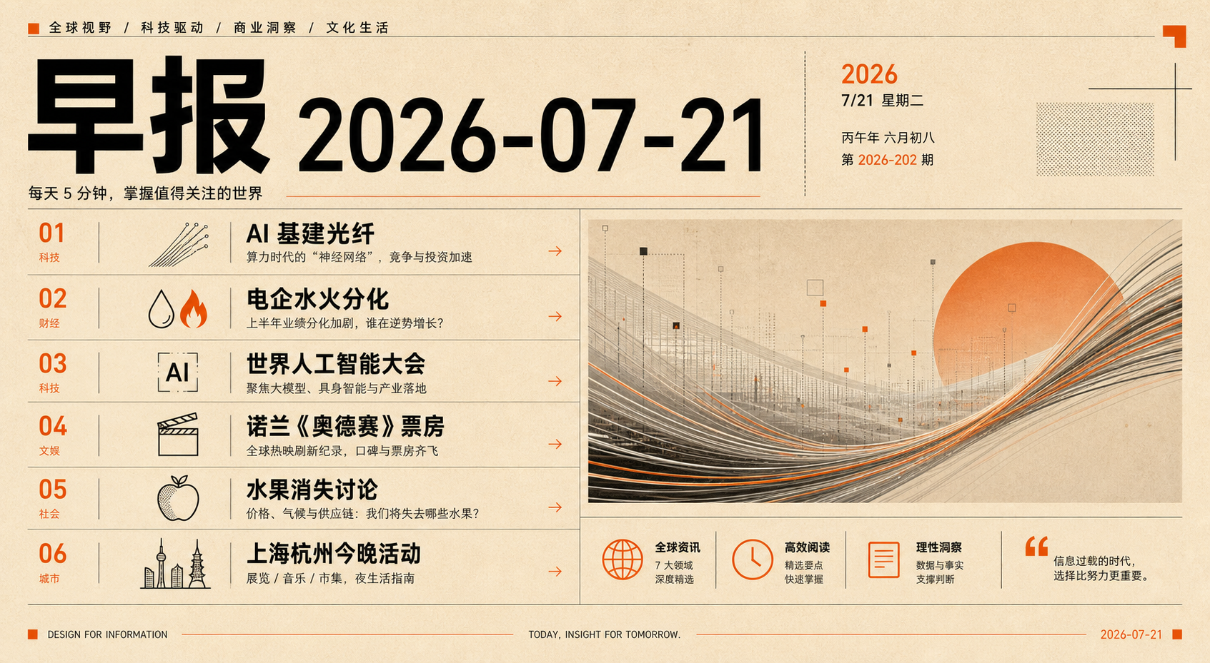 2026年7月21日早报主视觉:AI基建、险企表态、中文热点与上海杭州今日活动
