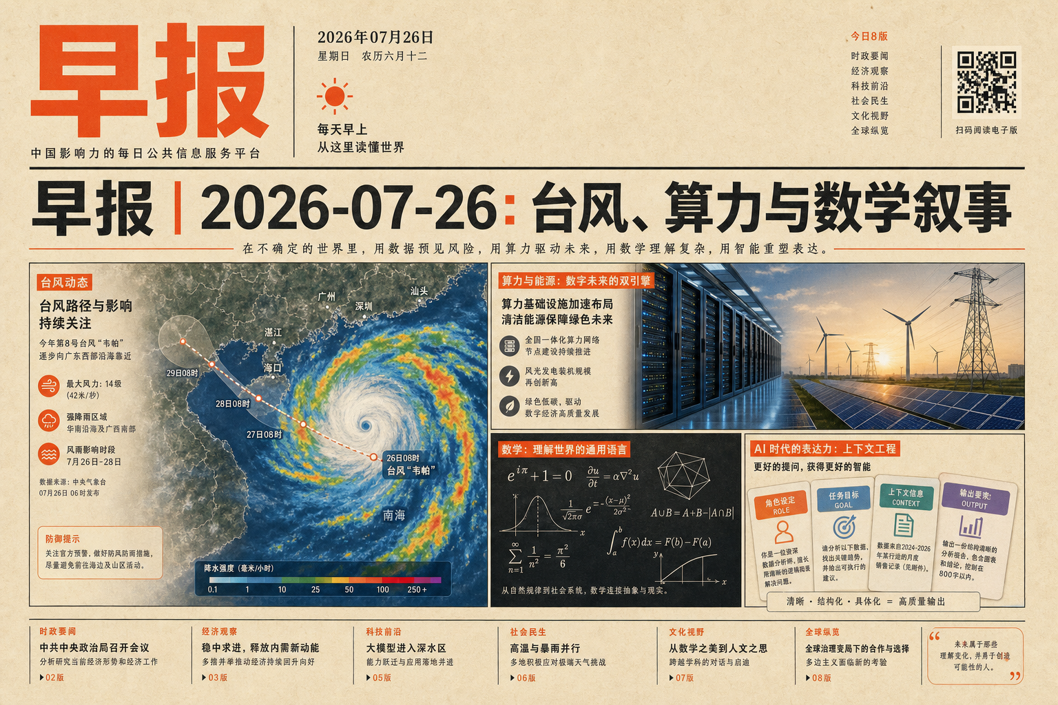 2026-07-26 早报封面图,主题包括台风红霞、智能算力、数学叙事和 AI 评测