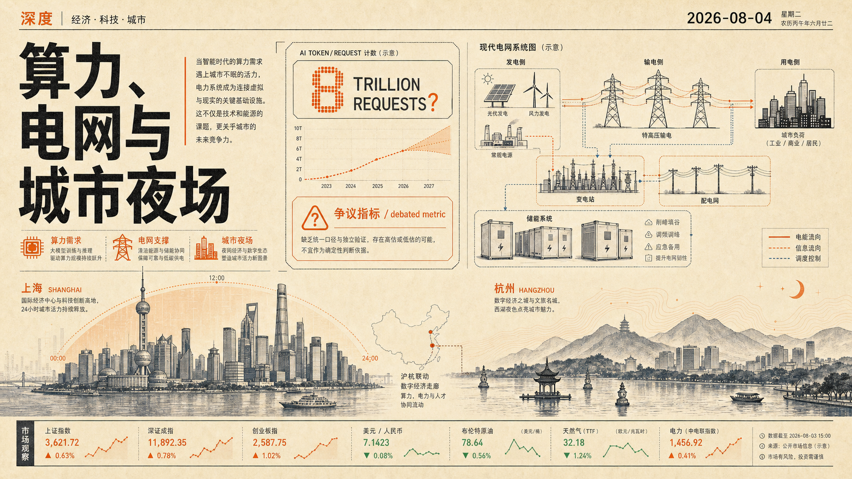 2026年8月4日早报主视觉：AI调用计量、电网消纳、市场与沪杭城市夜场