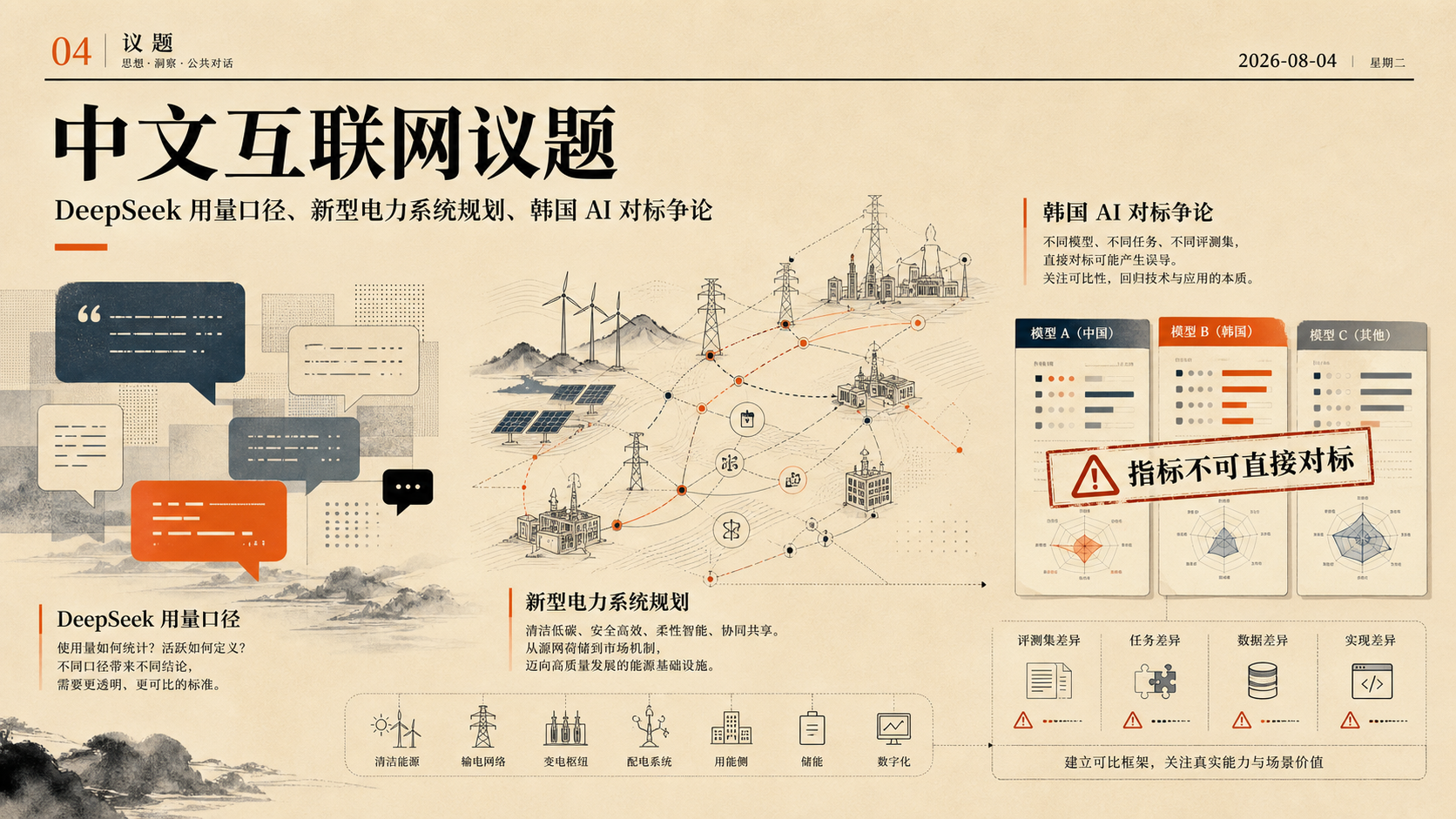 中文互联网热点插图:DeepSeek调用口径、电力系统规划与模型对标争论