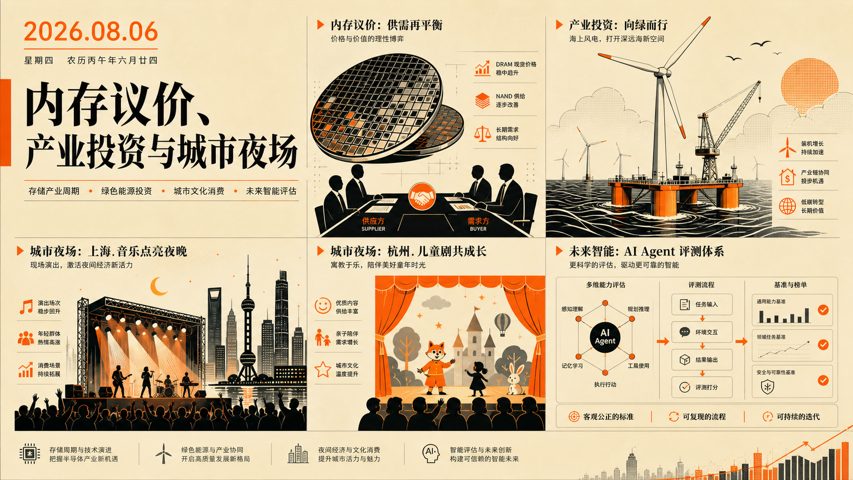 2026年8月6日早报主视觉：存储芯片议价、产业投资、沪杭夜场与AI智能体评测