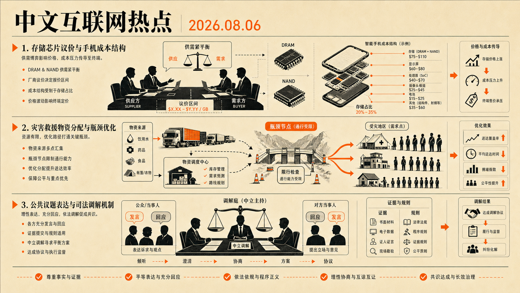 2026年8月6日中文互联网热点：存储议价与救灾交付链的编辑插画