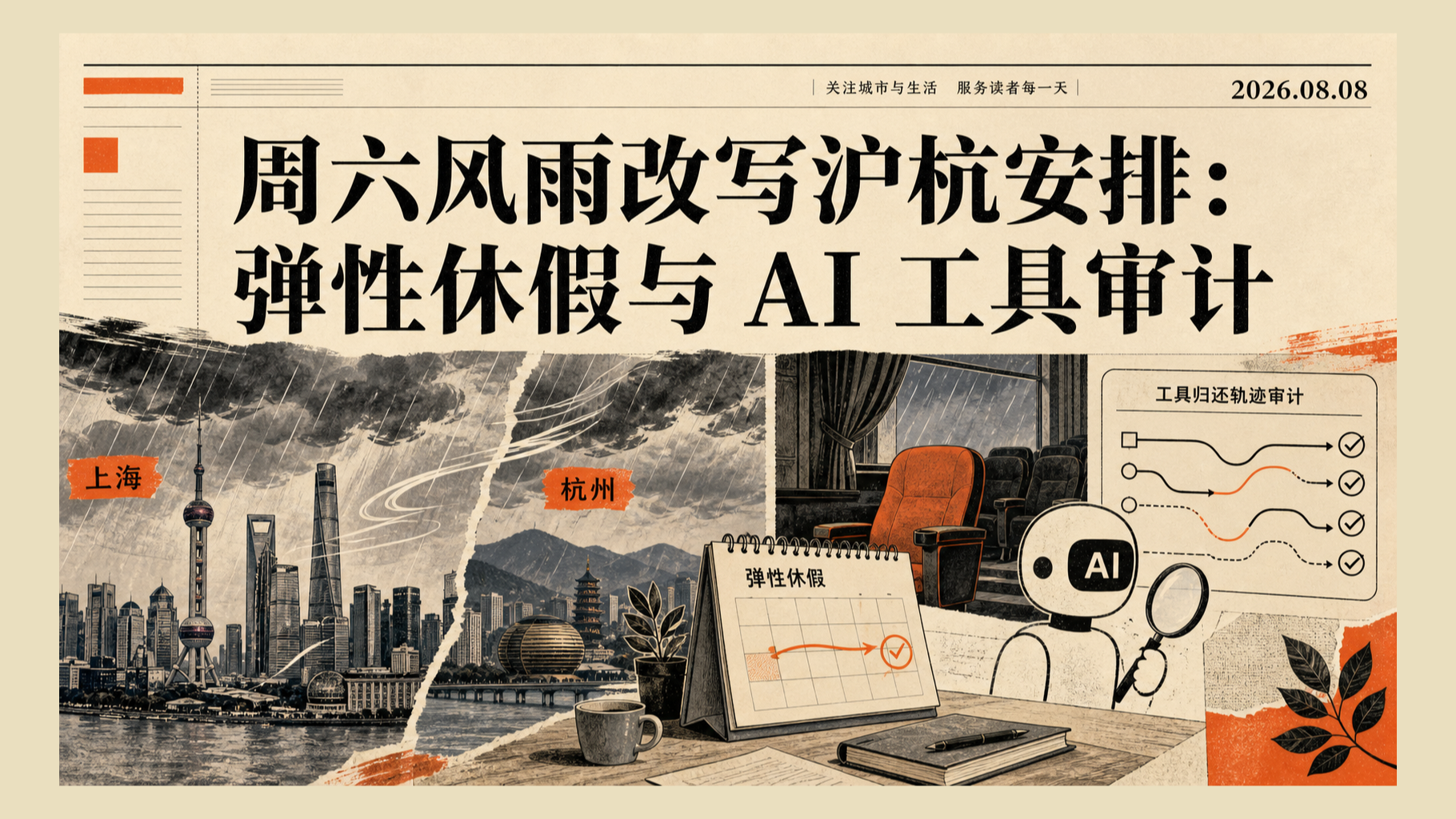 2026年8月8日早报主视觉：沪杭雷雨、弹性休假与AI工具审计