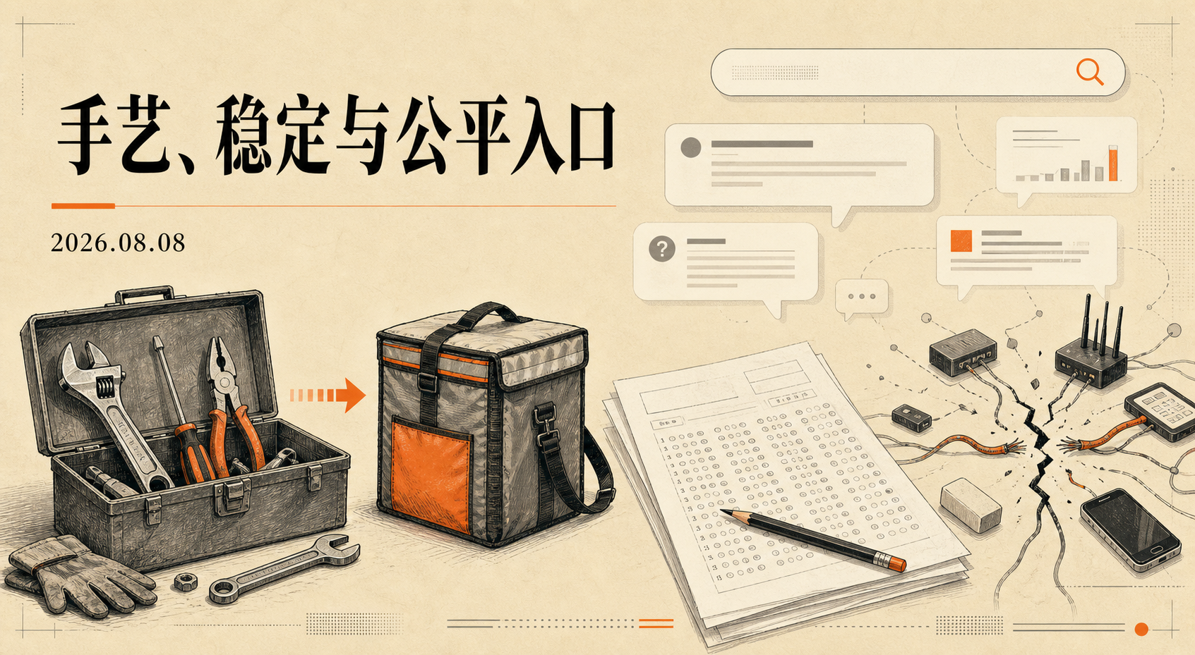 2026年8月8日中文互联网热点插画：手艺转平台劳动与公共考试公平