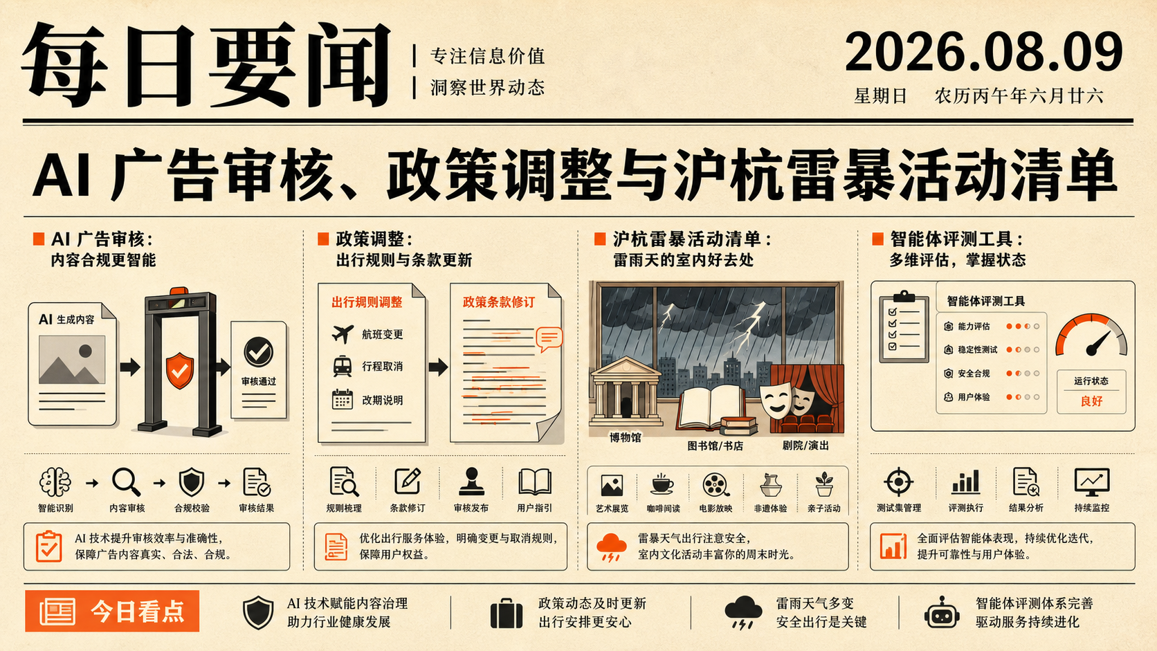 2026年8月9日主视觉:AI内容治理、沪杭雷暴日室内文化与智能体评测