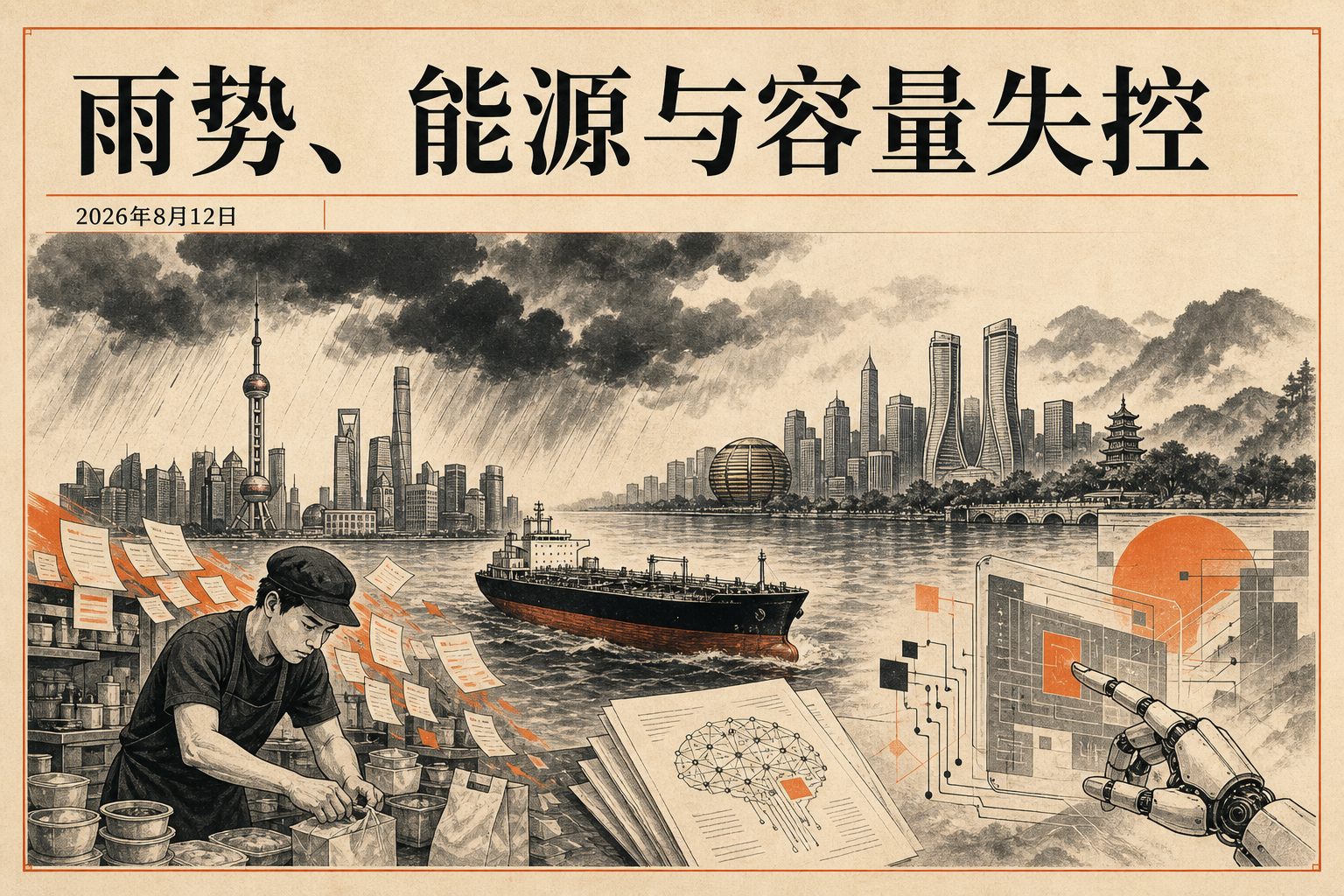 2026年8月12日主视觉：雨势、能源、外卖后厨容量与AI研究
