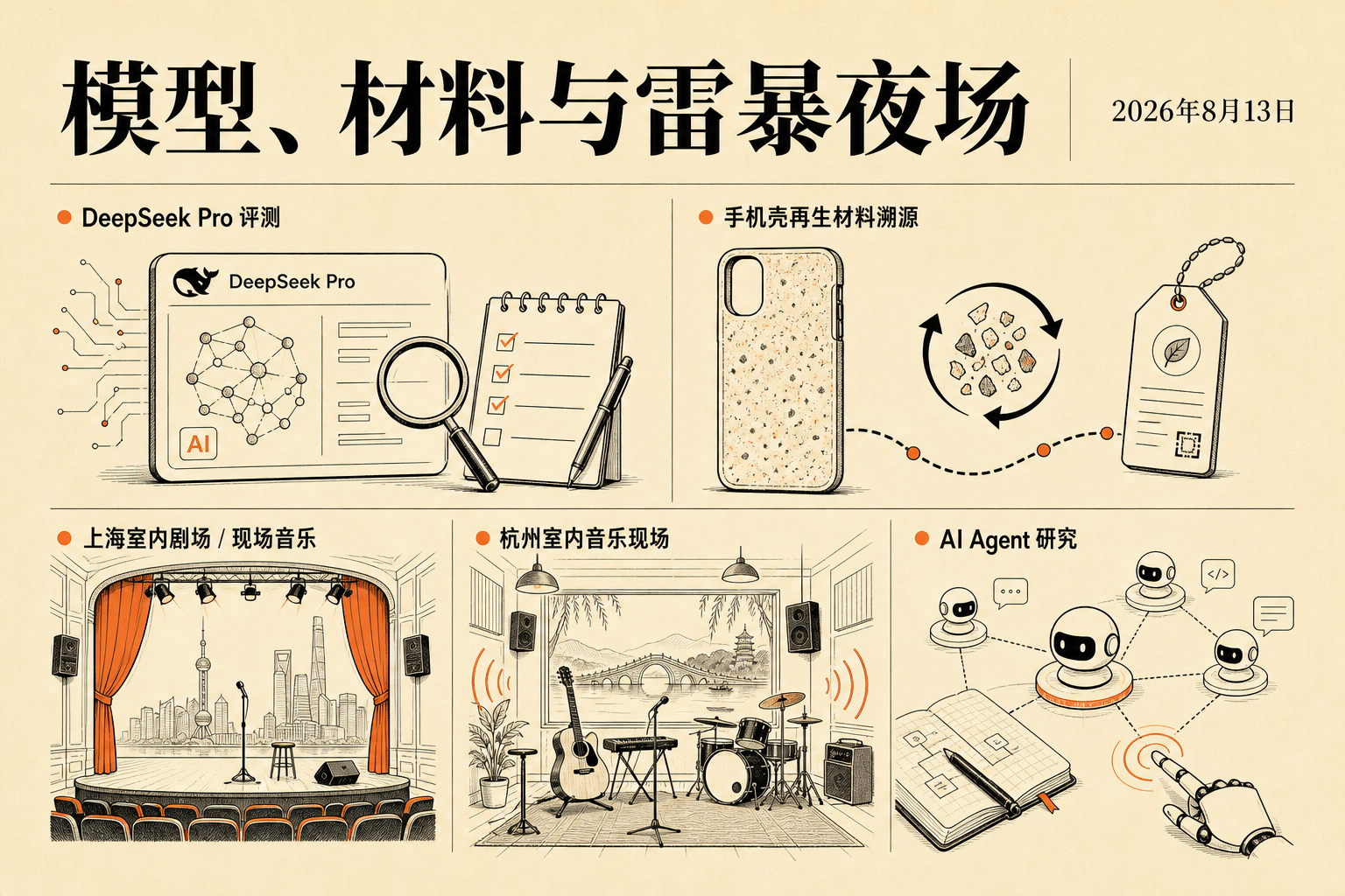 2026年8月13日主视觉:DeepSeek Pro、材料追溯、上海室内剧场、杭州音乐现场与AI智能体研究