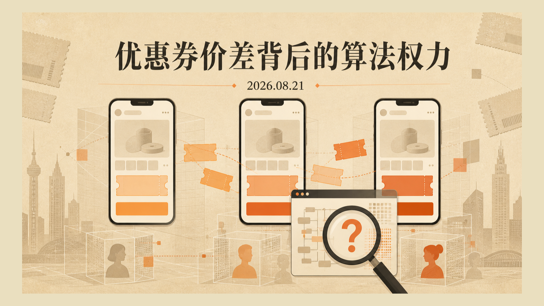 自制插画:优惠券价差背后的算法权力,2026年8月21日