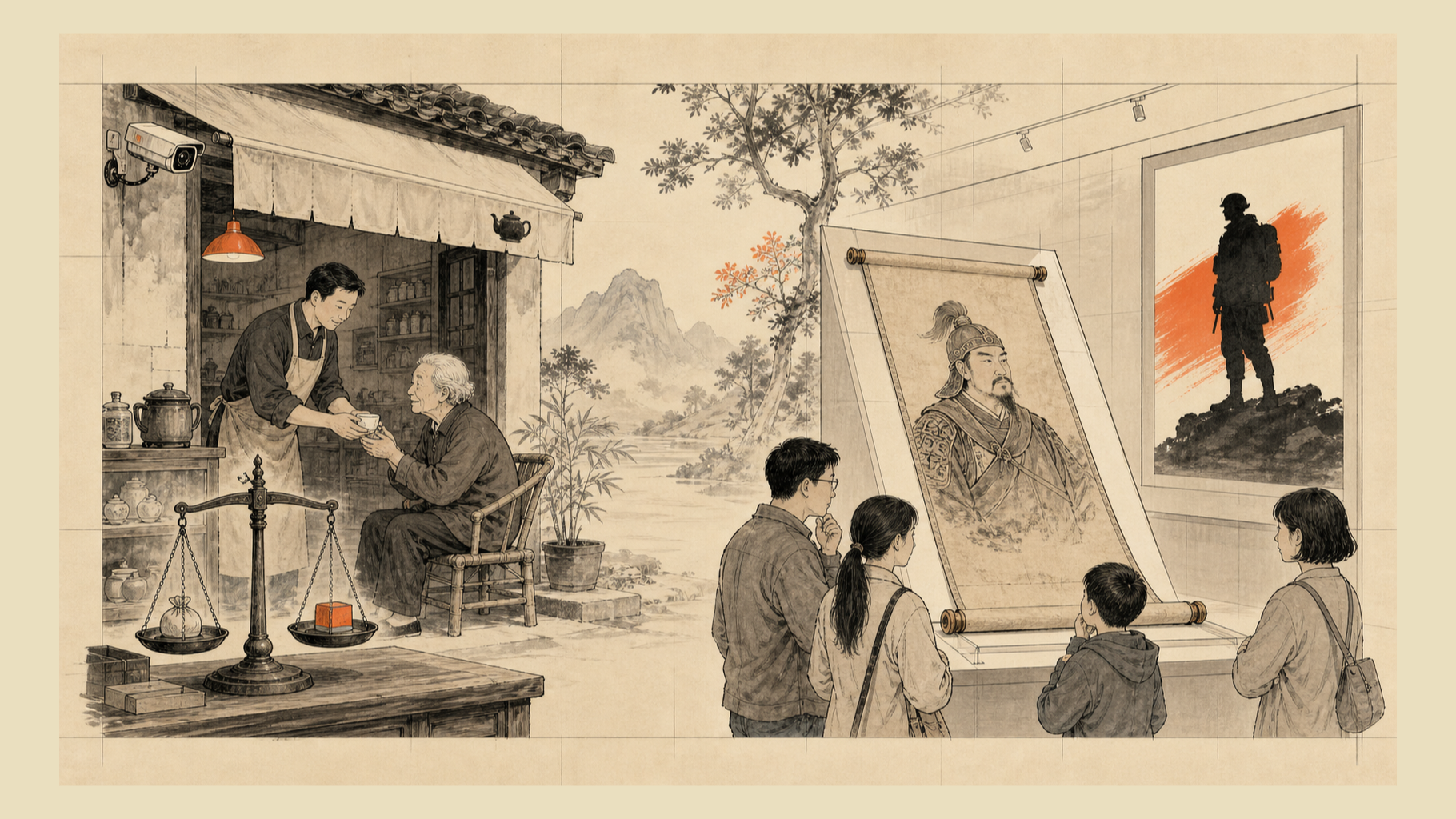自制插画：茶馆门前的救助场景与博物馆里的古代武将肖像