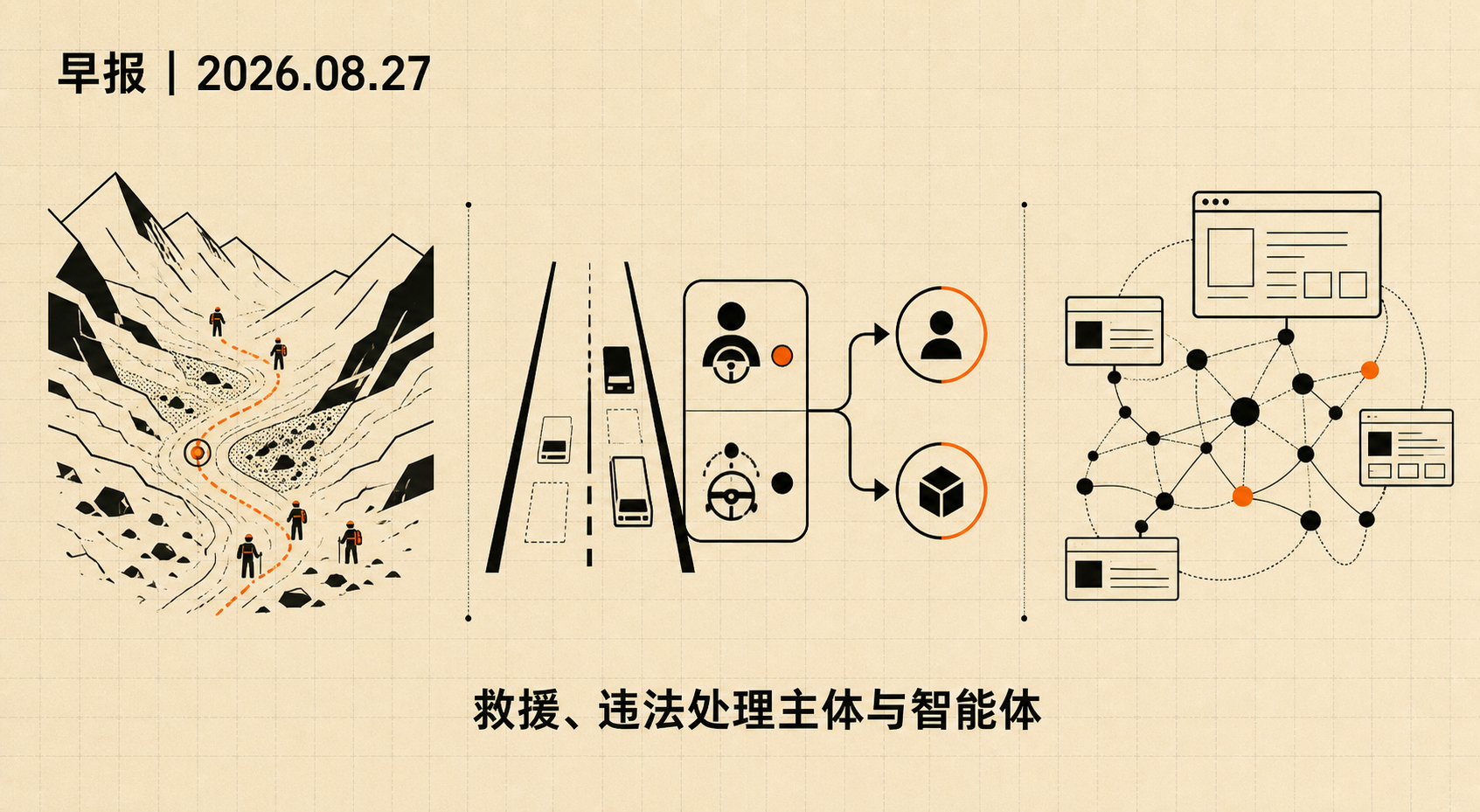 编辑部自制插画：早报2026年8月27日，救援、违法处理主体与智能体