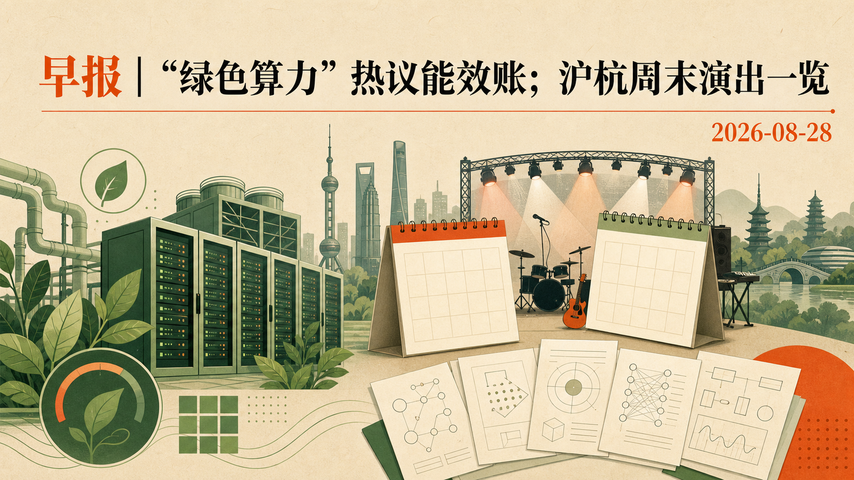 自制插画:早报|“绿色算力”热议能效账;沪杭周末演出一览,2026-08-28