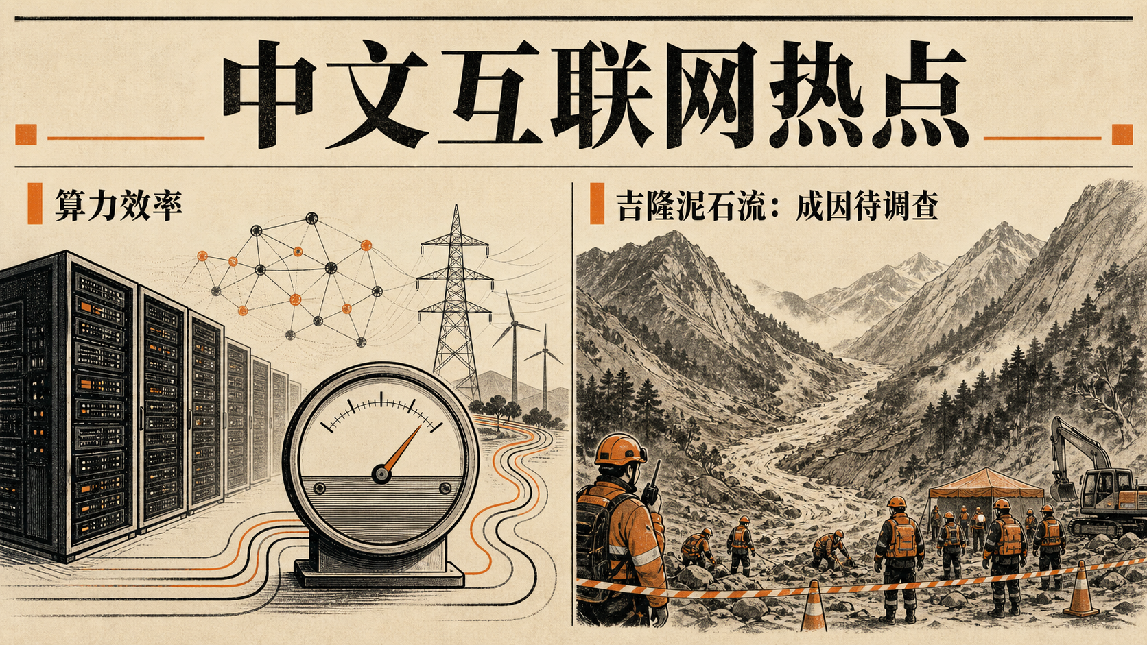 自制插画:中文互联网热点|算力效率与吉隆泥石流,冰崩成因待调查,2026-08-28