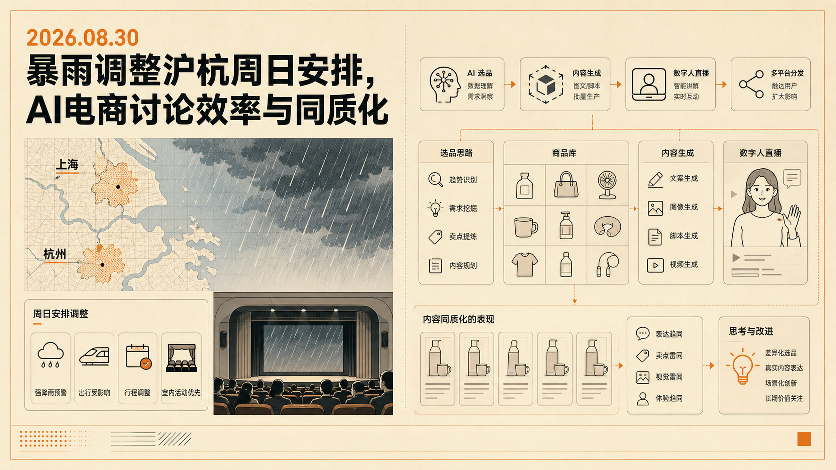 自制编辑插画：2026年8月30日，暴雨调整沪杭周日安排，AI电商讨论效率与同质化