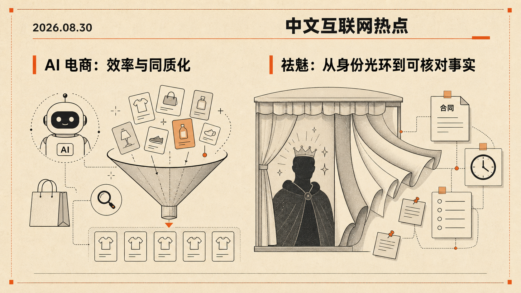 自制编辑插画:2026年8月30日中文互联网热点,AI电商的效率与同质化,祛魅从身份光环到可核对事实