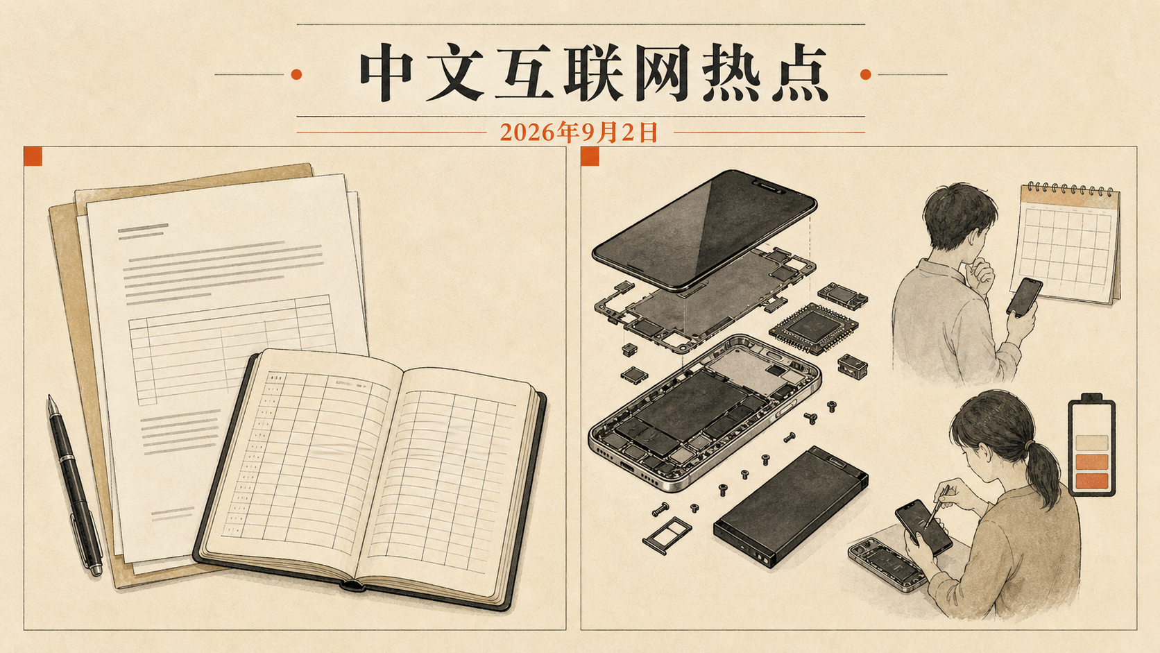 自制插画:2026年9月2日中文互联网热点,呈现外籍个人股息红利个税调整,以及手机成本上涨与延长换机周期的讨论