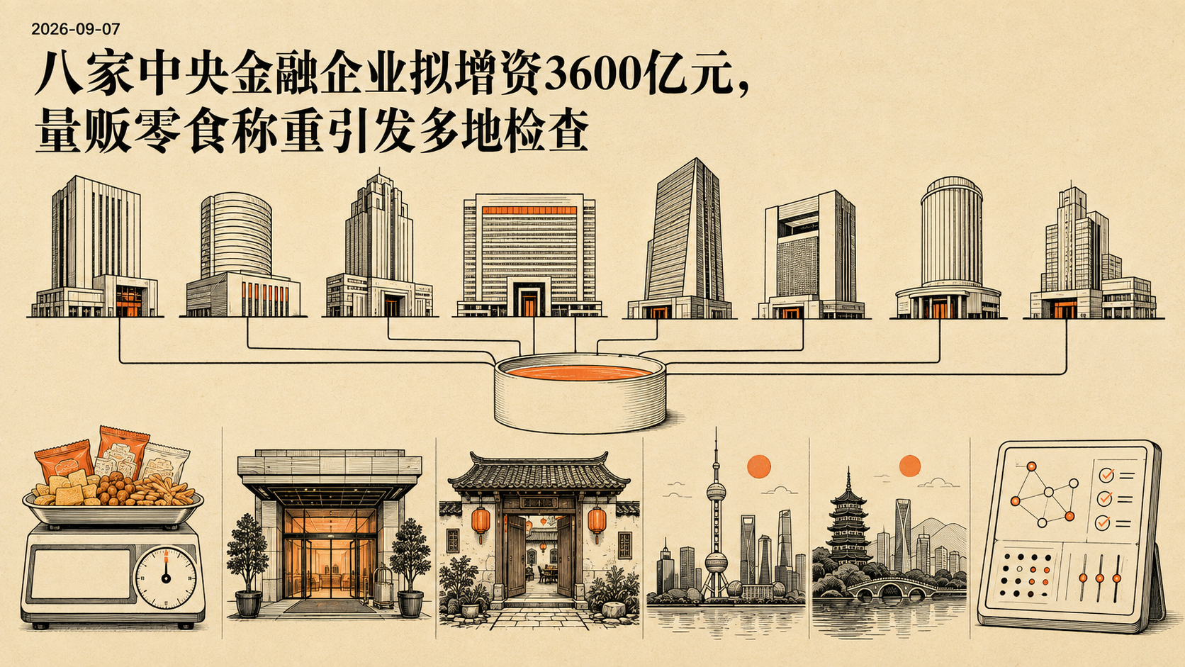 自制插画:2026年9月7日《八家中央金融企业拟增资3600亿元,量贩零食称重引发多地检查》主视觉