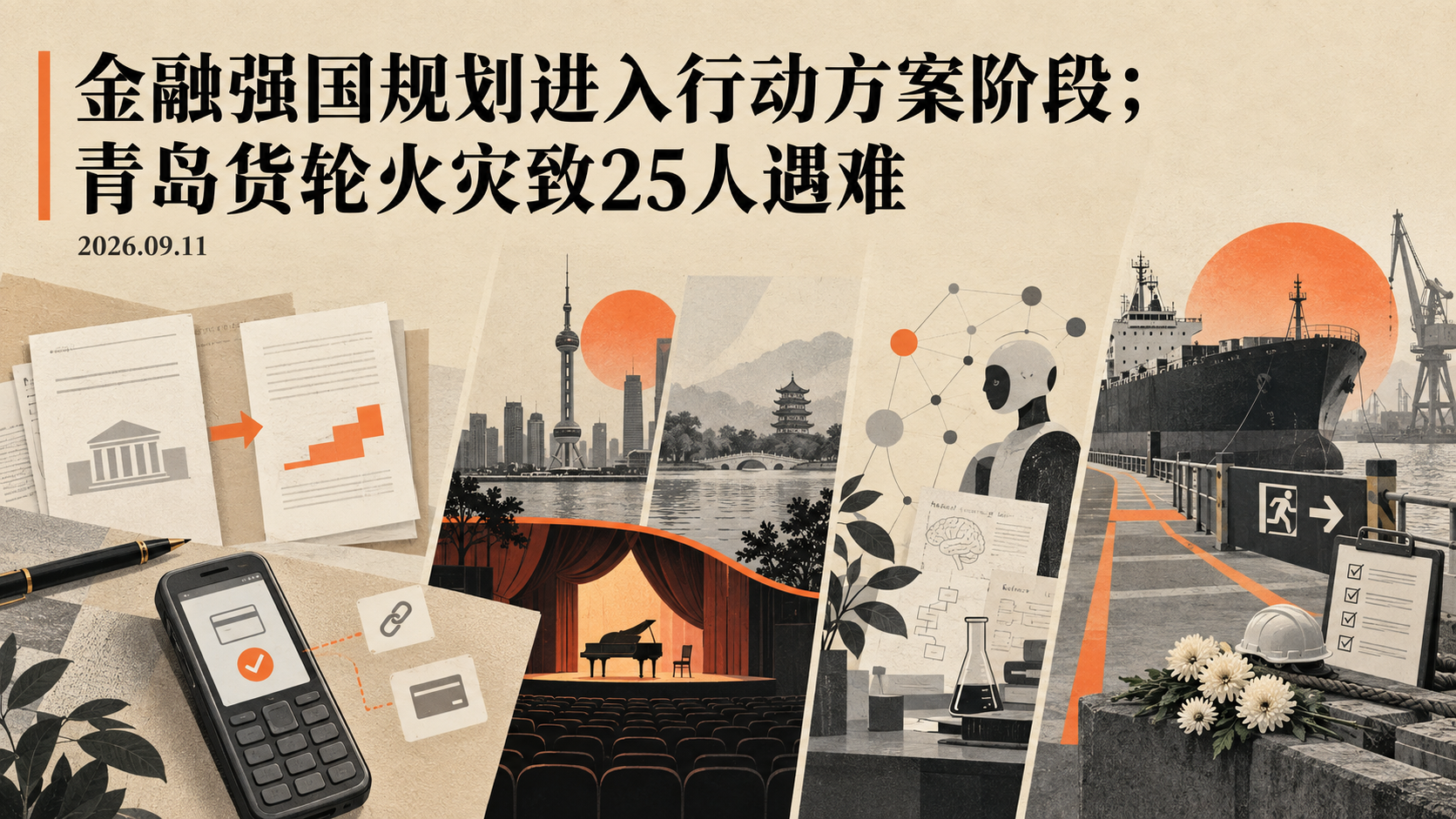 自制编辑插画：金融规划、旧手机号支付授权、沪杭剧场与AI智能体，标题为金融强国规划进入行动方案阶段；青岛货轮火灾致25人遇难