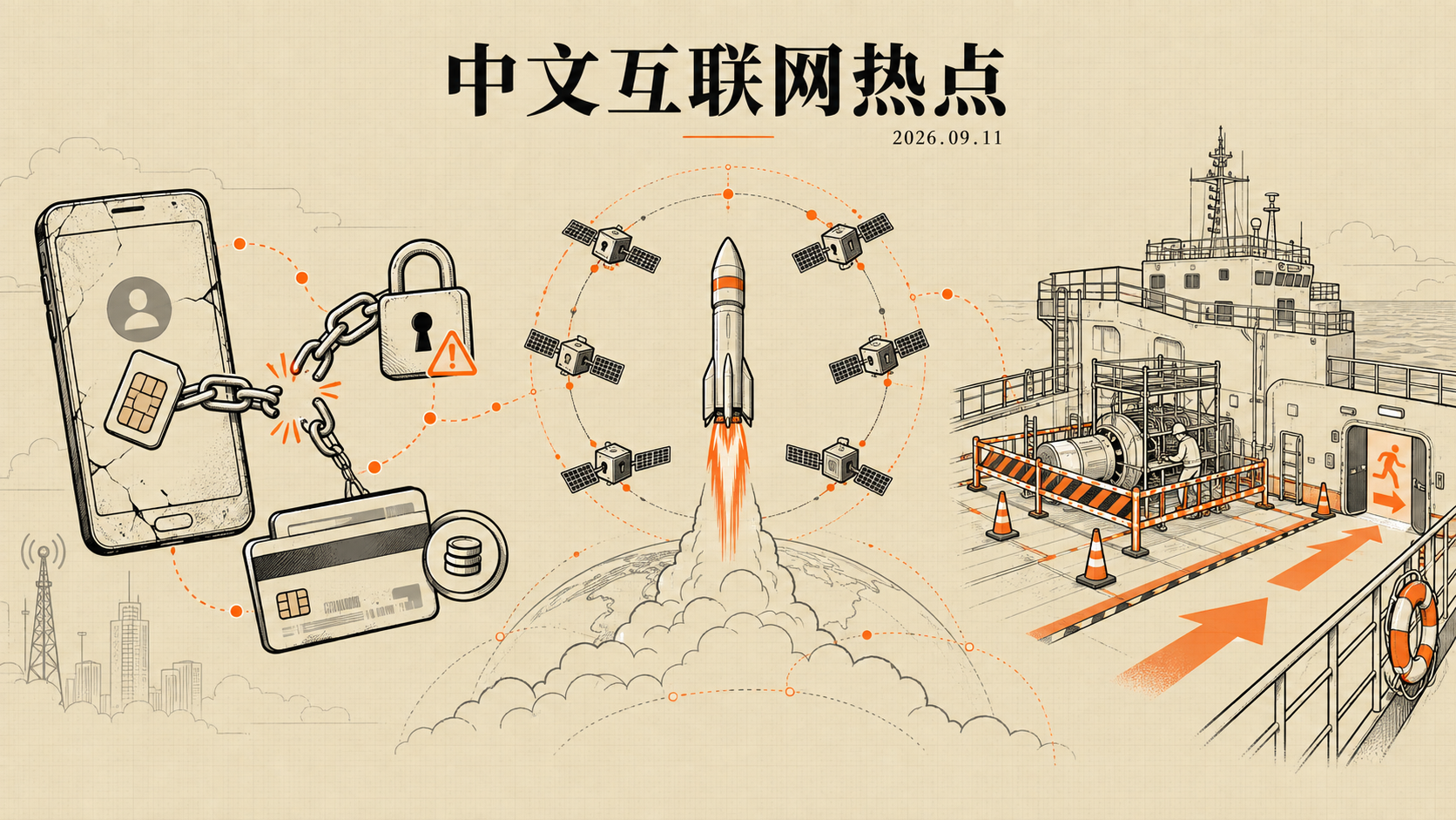 自制编辑插画:旧手机号授权、一箭六星与船舶检修安全