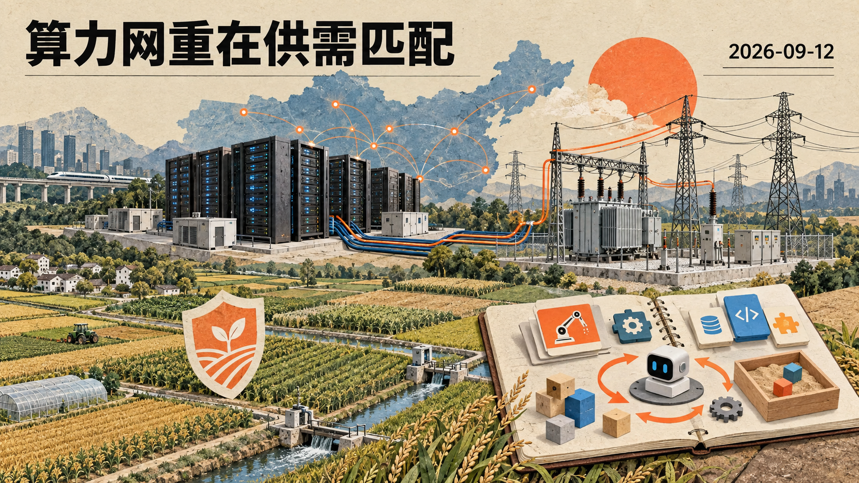 自制编辑插画：2026-09-12，算力网重在供需匹配；算电协同、农业保险与智能体准备工作