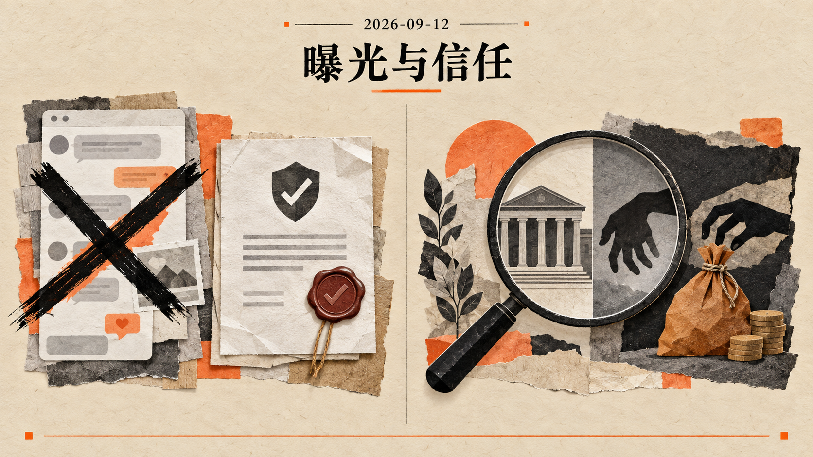 自制编辑插画：2026-09-12，曝光与信任；编造催捐故事与铁头案一审判决