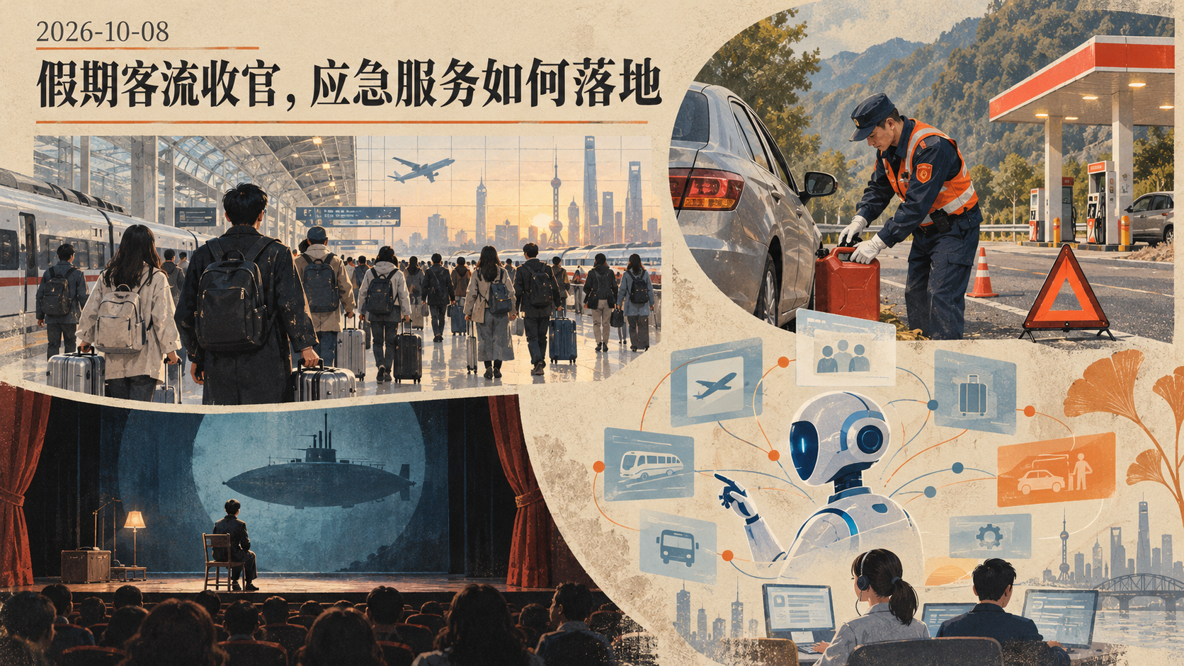 假期客流收官,应急服务如何落地:主题概念插图,非现场照片