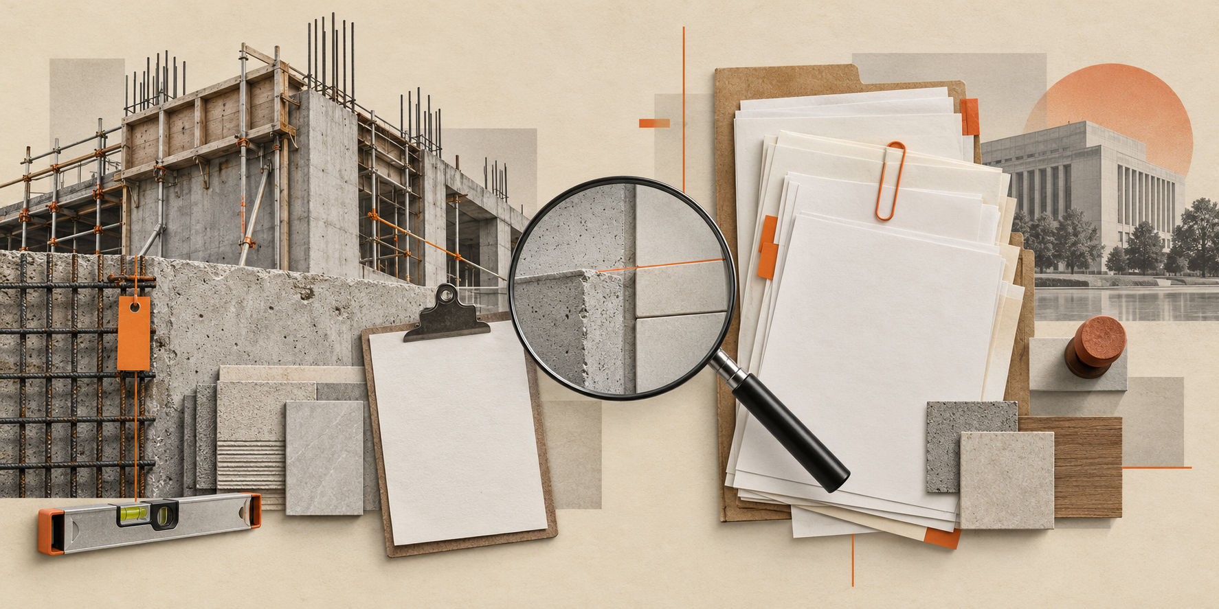 自制概念插画：建设项目文件与工程观察，不代表真实工程现场